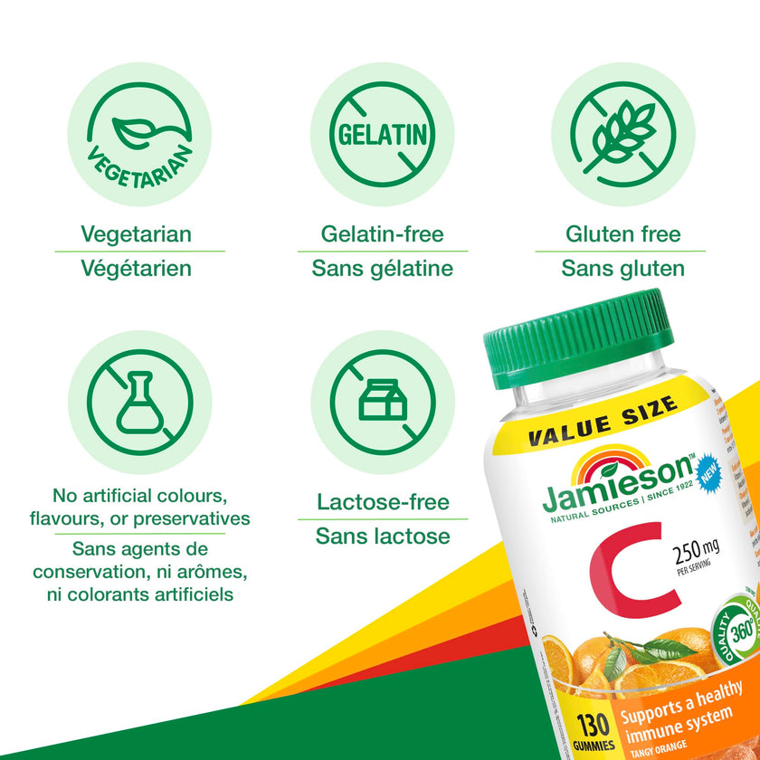 Jamieson Vitamin C 250 mg Gummies, 130 Gummies, Natural Tangy Orange Flavour, Supports Immune Health, Family Friendly (3+), Vegetarian, Non-GMO, No Artificial Flavours, Colours or Preservatives 🍁 All In One Marketplace Canada
