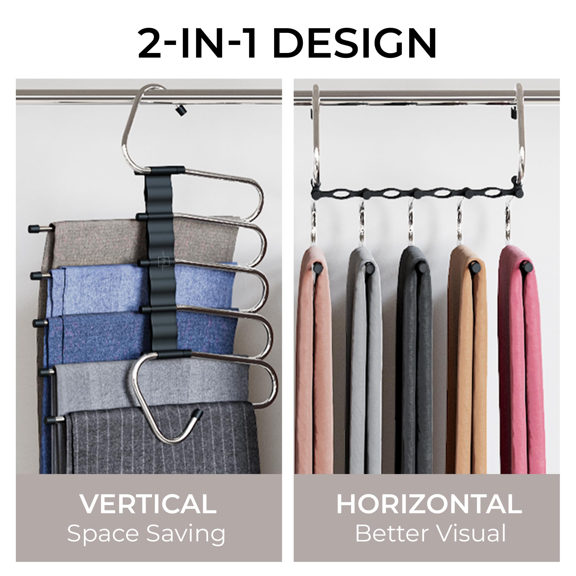 MORALVE Pants Hangers Space Saving - 2 Pack - Non-Slip Multi-Layer Space Saving Hangers - Multifunctional Clothing Rack for Closet Storage - Ideal for Jeans, Trousers, Skirts, Scarves & Slacks (Black) 🍁 All In One Marketplace Canada