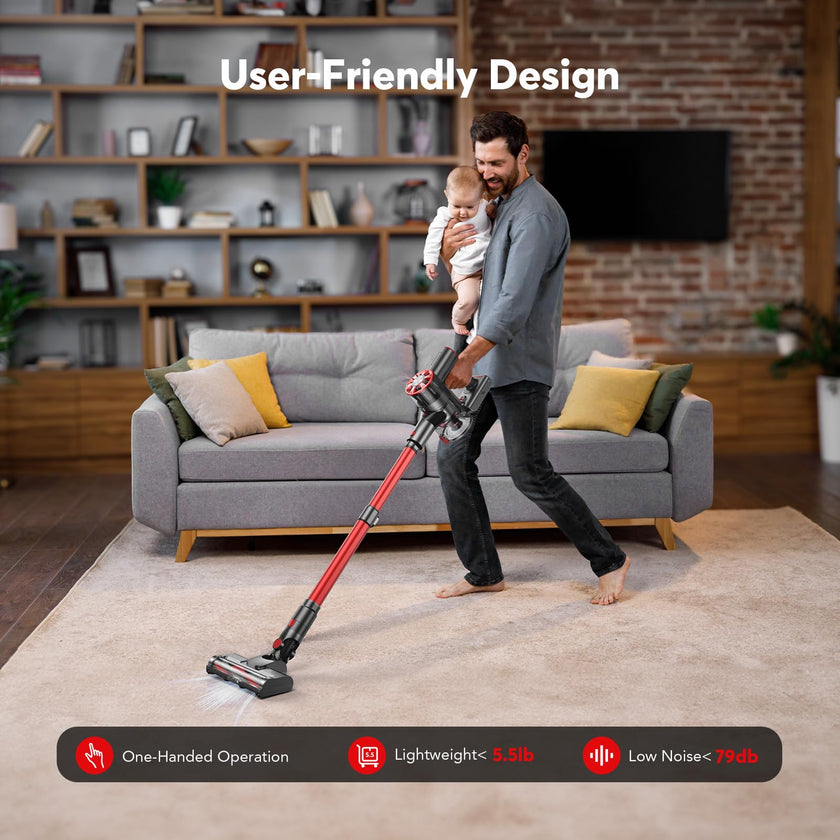 Cordless Vacuum Cleaner, 80,000PRM Stick Vacuum with 2 Powerful Suction Modes, Max 40 Mins Runtime, Protable 2600mAh Rechargeable Battery Vacuum Cleaner for Home (Pale Red) 🍁 All In One Marketplace Canada