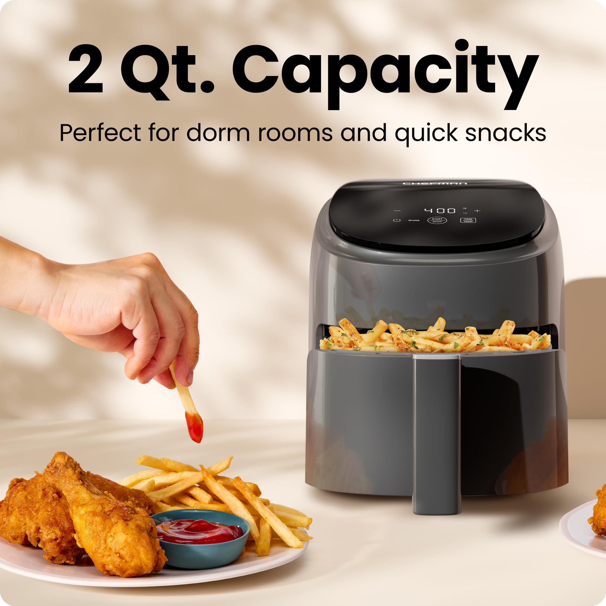 Chefman 2 Qt Mini Air Fryer – Compact and Space-Saving Air Fryer, PFAS-Free Nonstick Basket, Quick & Easy Meals in Minutes, Perfect for Apartments and Dorms, Digital Timer and Shake Reminders – Grey 🍁 All In One Marketplace Canada