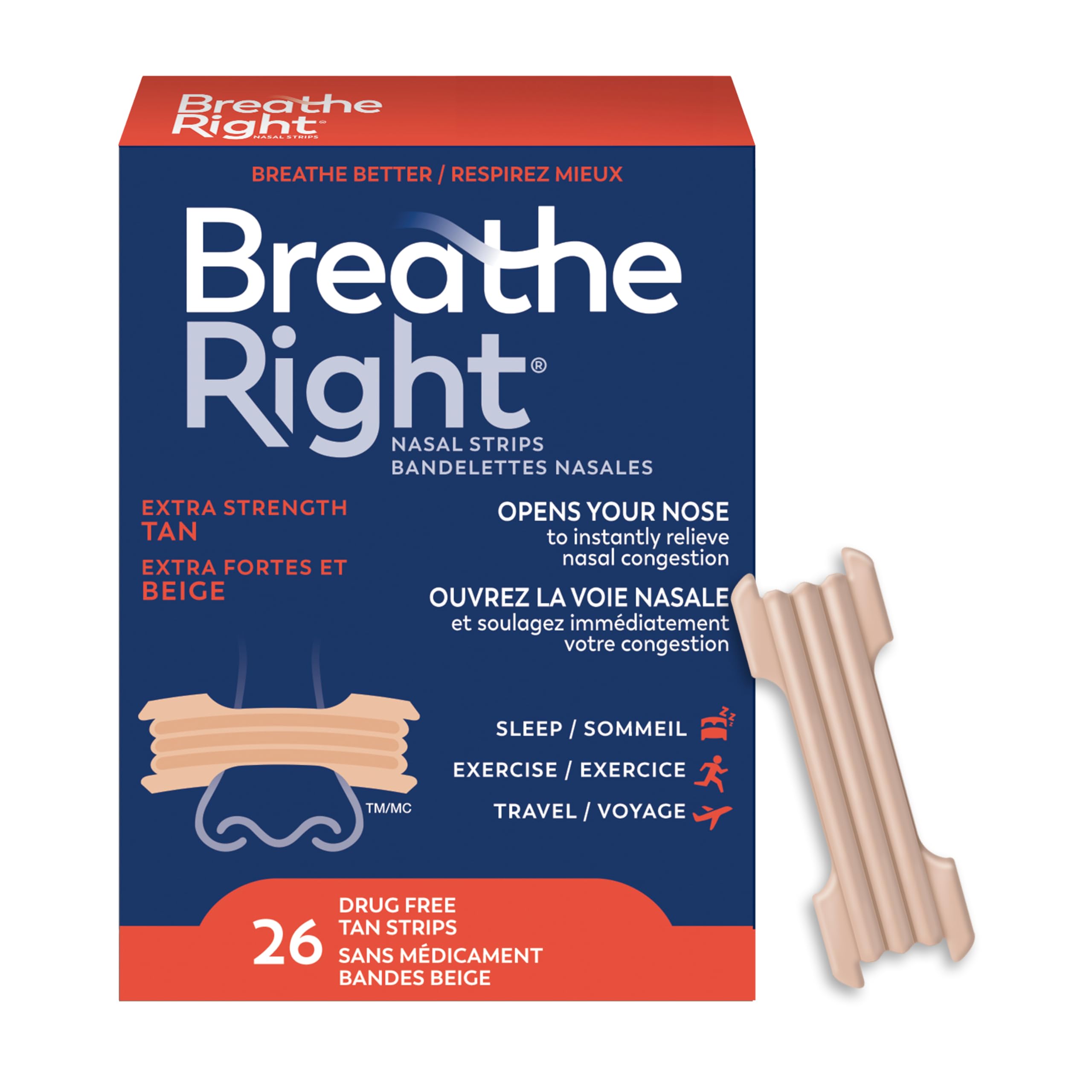 Breathe Right Nasal Strips, Extra Strength, Tan, Drug-Free Snoring Solution & Nasal Congestion Relief Caused by Colds & Allergies, Nightly Sleep, 26 Count 🍁 All In One Marketplace Canada
