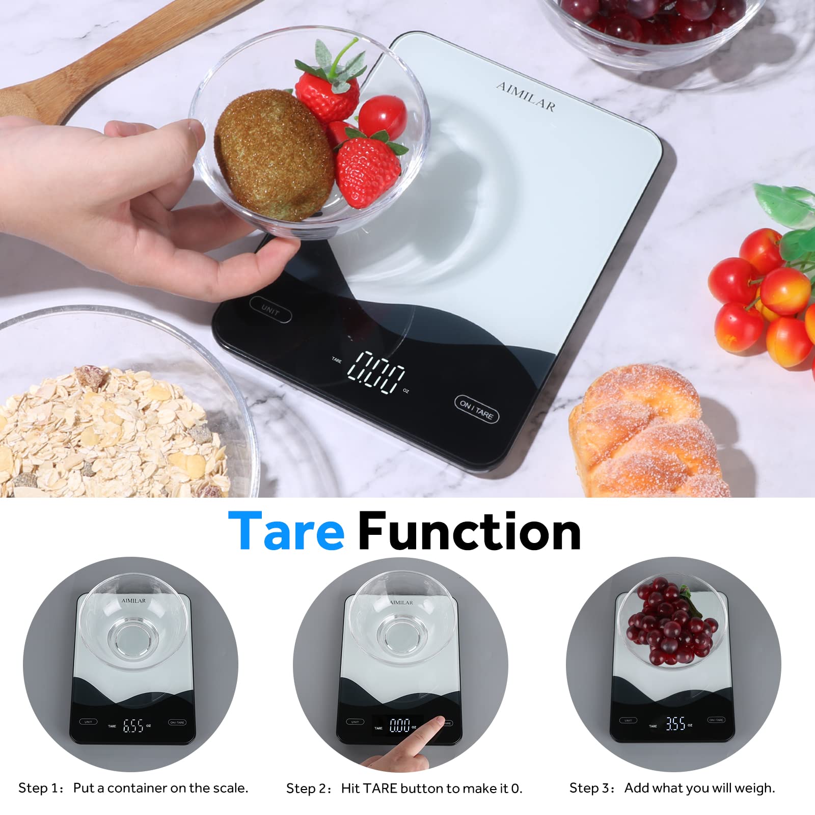AIMILAR Digital Kitchen Scale 22lb/10kg USB-C Rechargeable, Tempered Glass Top Easy Clean, LED Touch Screen No Buttons, Auto Shut Off 🍁 All In One Marketplace Canada