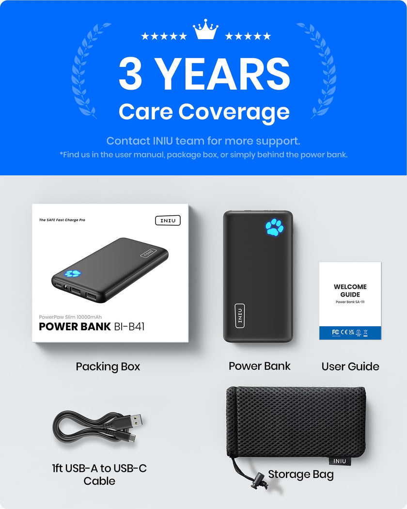 INIU Power Bank, Slimmest 10000mAh Portable Charger, Triple 3A High-Speed Charge External Battery Pack with Flashlight, USB C Phone Charger for iPhone 17 16 15 14 13 Samsung S22 Google LG iPad etc 🍁 All In One Marketplace Canada