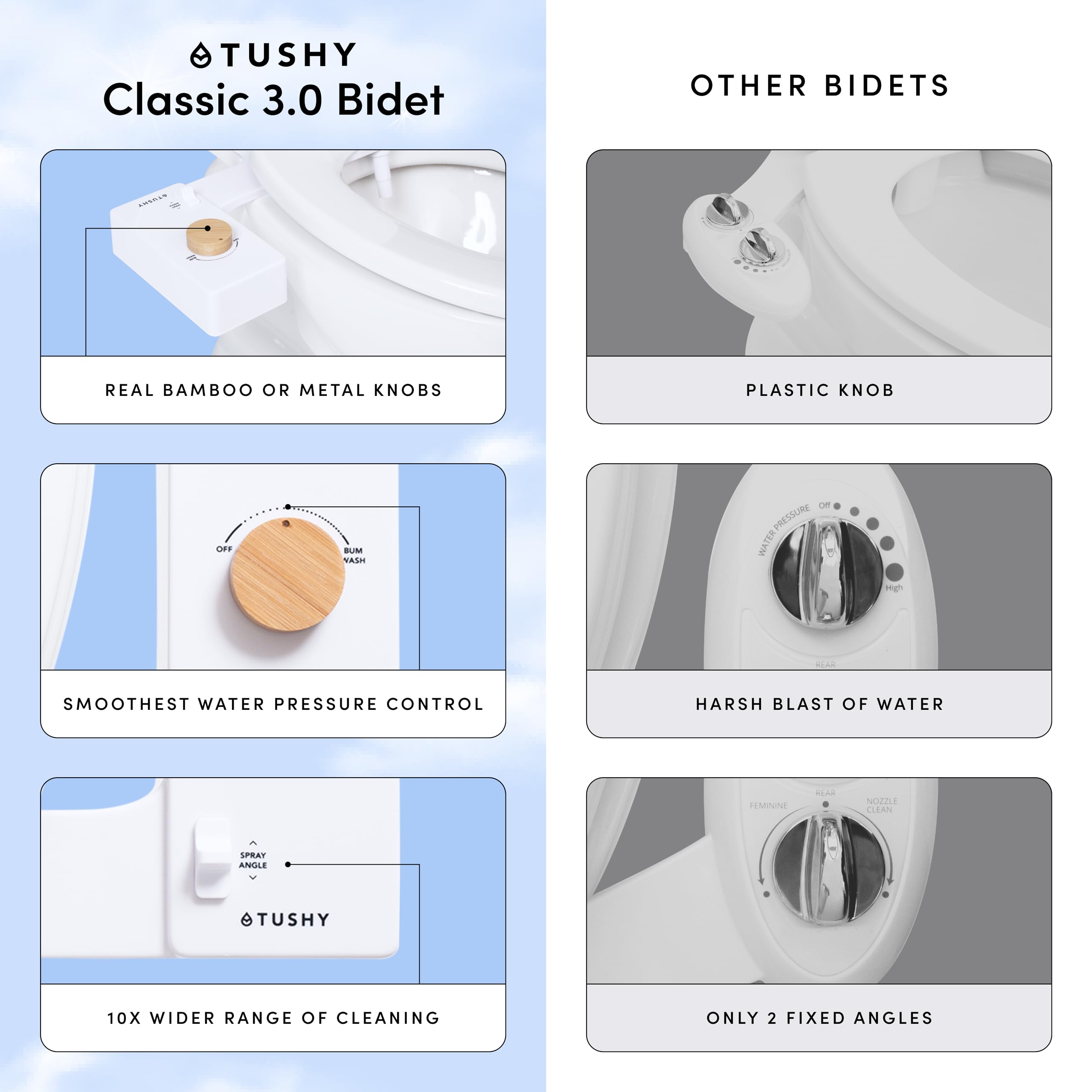 TUSHY Classic 3.0 Non-Electric Bidet Toilet Attachment, Experience a Superior Fresh Water Clean (Slim Fit, Easily Installs Under Toilet Seat, Adjustable Spray, Self Cleaning Nozzle), Bamboo Knob 🍁 All In One Marketplace Canada