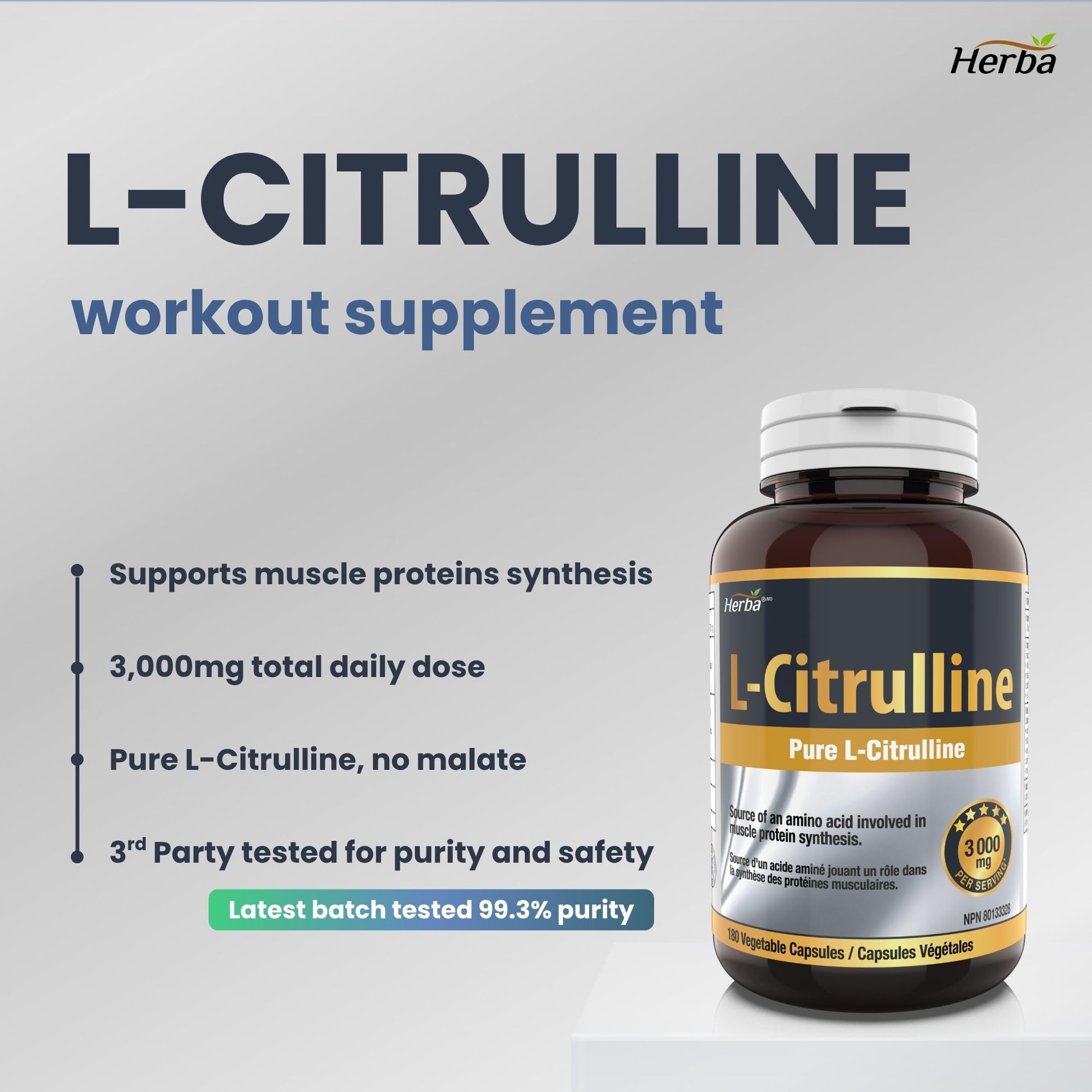 Herba L-Citrulline Capsules 750mg – 180 Capsules | 3,000mg Per Serving | Ultra Pure >98% | L Citrulline Nitric Oxide Supplement | Made & 3rd Party Tested in Canada 🍁 All In One Marketplace Canada