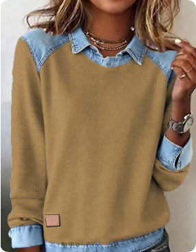 Denim Collar Long Sleeve Patchwork Knit Pullover Top – 16 Colours, S–XXXL