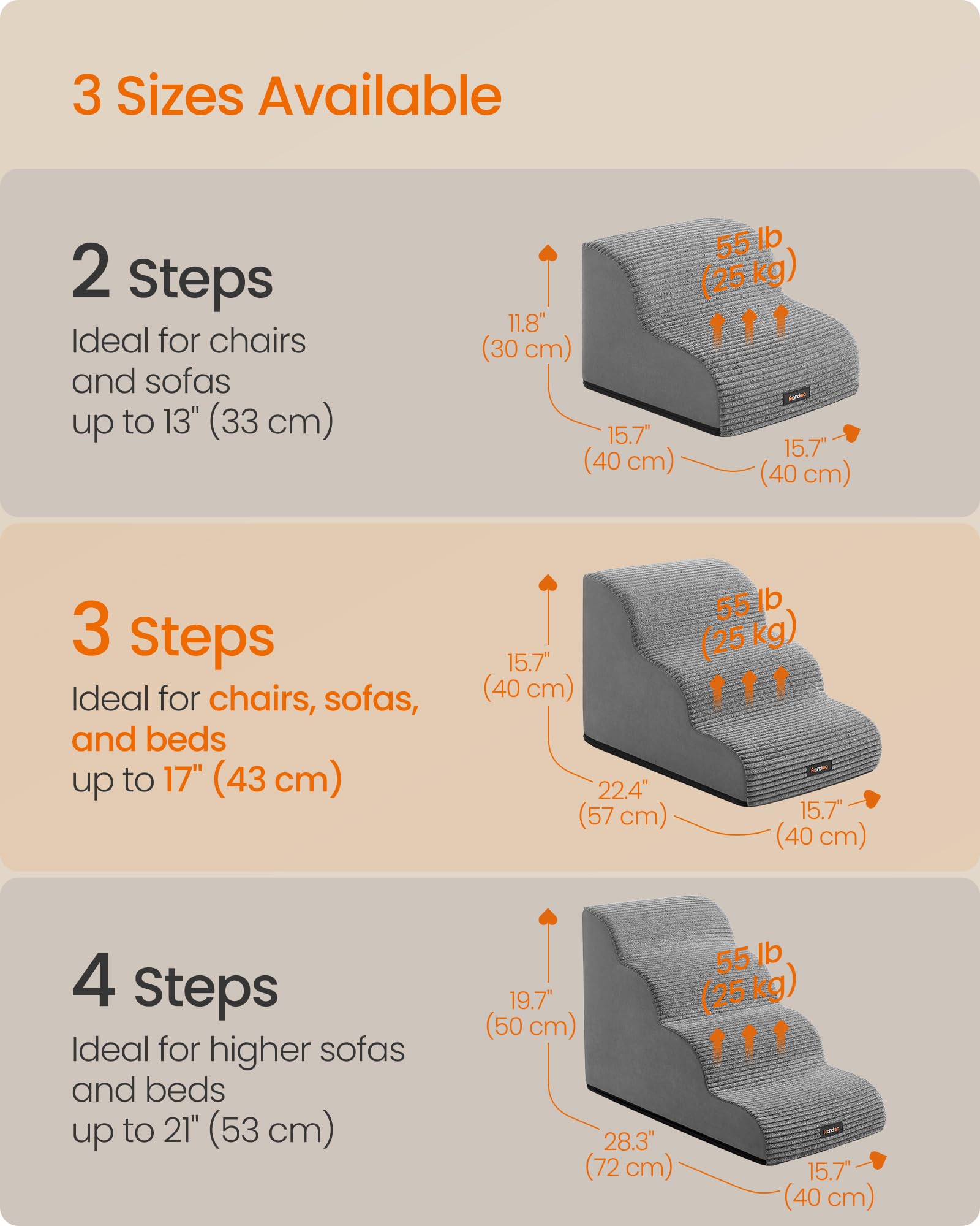Feandrea 3-Step Dog Stairs, Dog Steps for Bed, Sofa, Waterproof Pet Stairs with Anti-Slip Designs, Gentle Slope, Removable Washable Cover, Handle, Dove Grey UPPS003G01 🍁 All In One Marketplace Canada