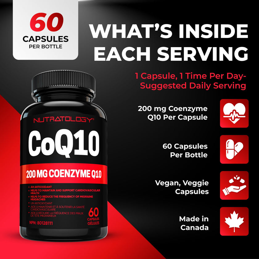 Nutratology® Coenzyme Q10 (CoQ10) 200MG - Cardiovascular Health Support - Antioxidant for Heart Health - Helps Reduce the Frequency of Migraines - CoQ10 Supplement - 60 Capsules 🍁 All In One Marketplace Canada