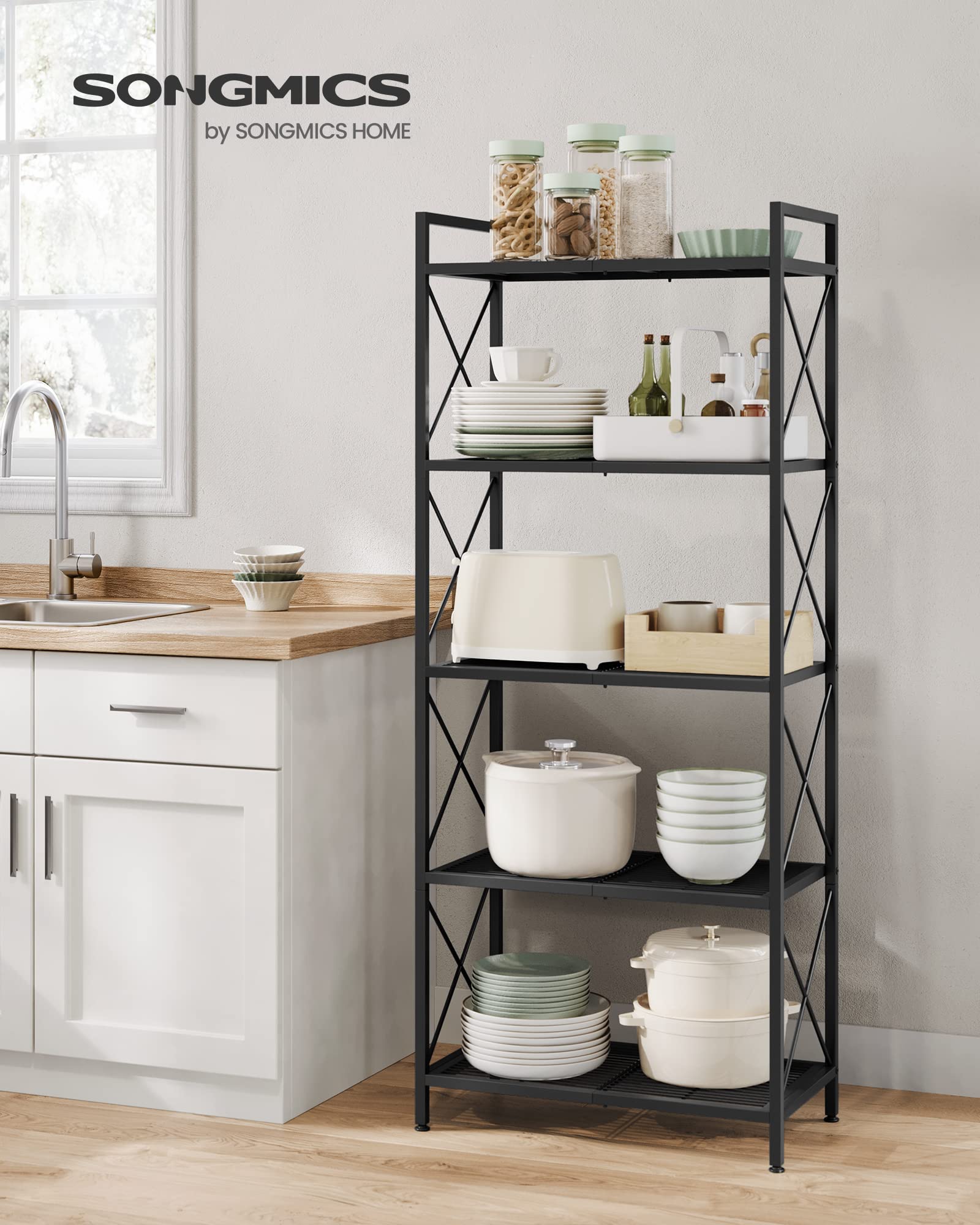 SONGMICS 5-Tier Metal Storage Rack, Shelving Unit with X Side Frames, Dense Mesh, 12.6 x 23.6 x 57.3 Inches, for Entryway, Kitchen, Living Room, Bathroom, Industrial Style, Ink Black UBSC165B01 🍁 All In One Marketplace Canada