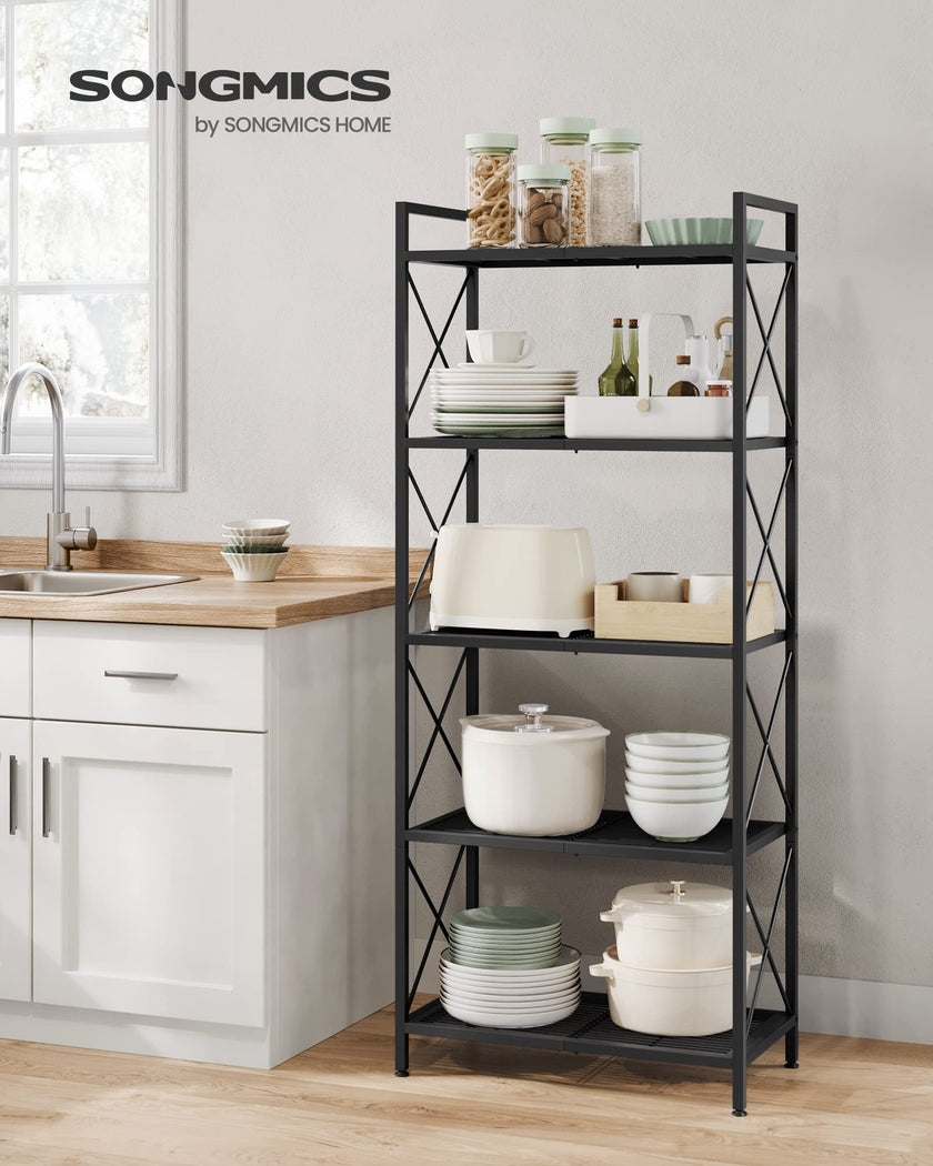 SONGMICS 5-Tier Metal Storage Rack, Shelving Unit with X Side Frames, Dense Mesh, 12.6 x 23.6 x 57.3 Inches, for Entryway, Kitchen, Living Room, Bathroom, Industrial Style, Ink Black UBSC165B01 🍁 All In One Marketplace Canada