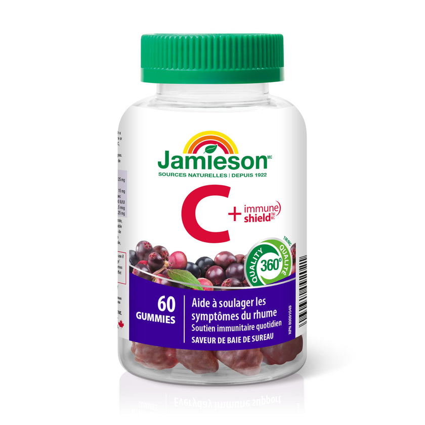 Jamieson Vitamin C + Immune Shield, 60 Gummies, Natural Elderberry Flavour. With Elderberry and Zinc. Supports Immune Health, Relieves Early Cold Symptoms, Family Friendly (3+) 🍁 All In One Marketplace Canada