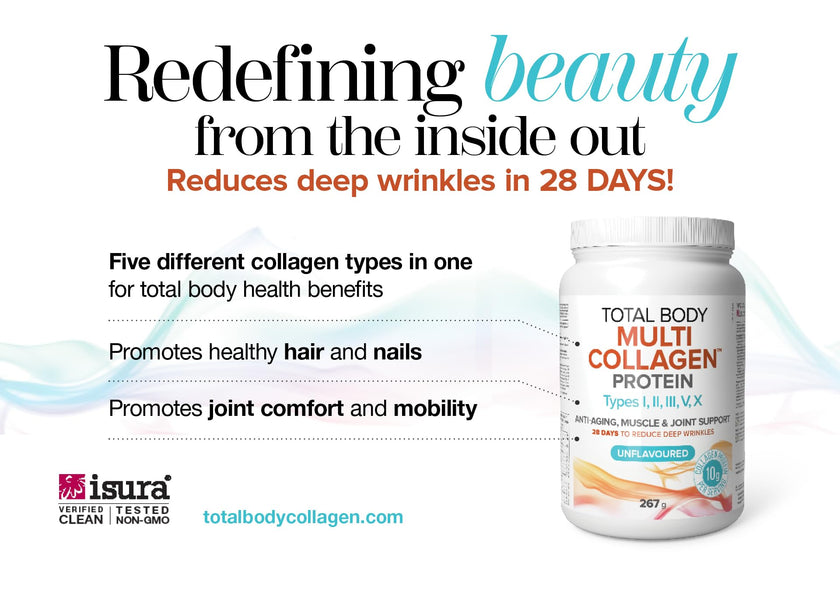 Natural Factors Total Body Multi Collagen Protein, 267g, Unflavoured, 10g of Hydrolyzed Collagen per Scoop, 24 Servings, Combines 5 Types of Collagen, Anti-Aging, Muscle & Joint Support, 28 Days to Reduce Wrinkles, Keto & Paleo Friendly, Proudly Canadian