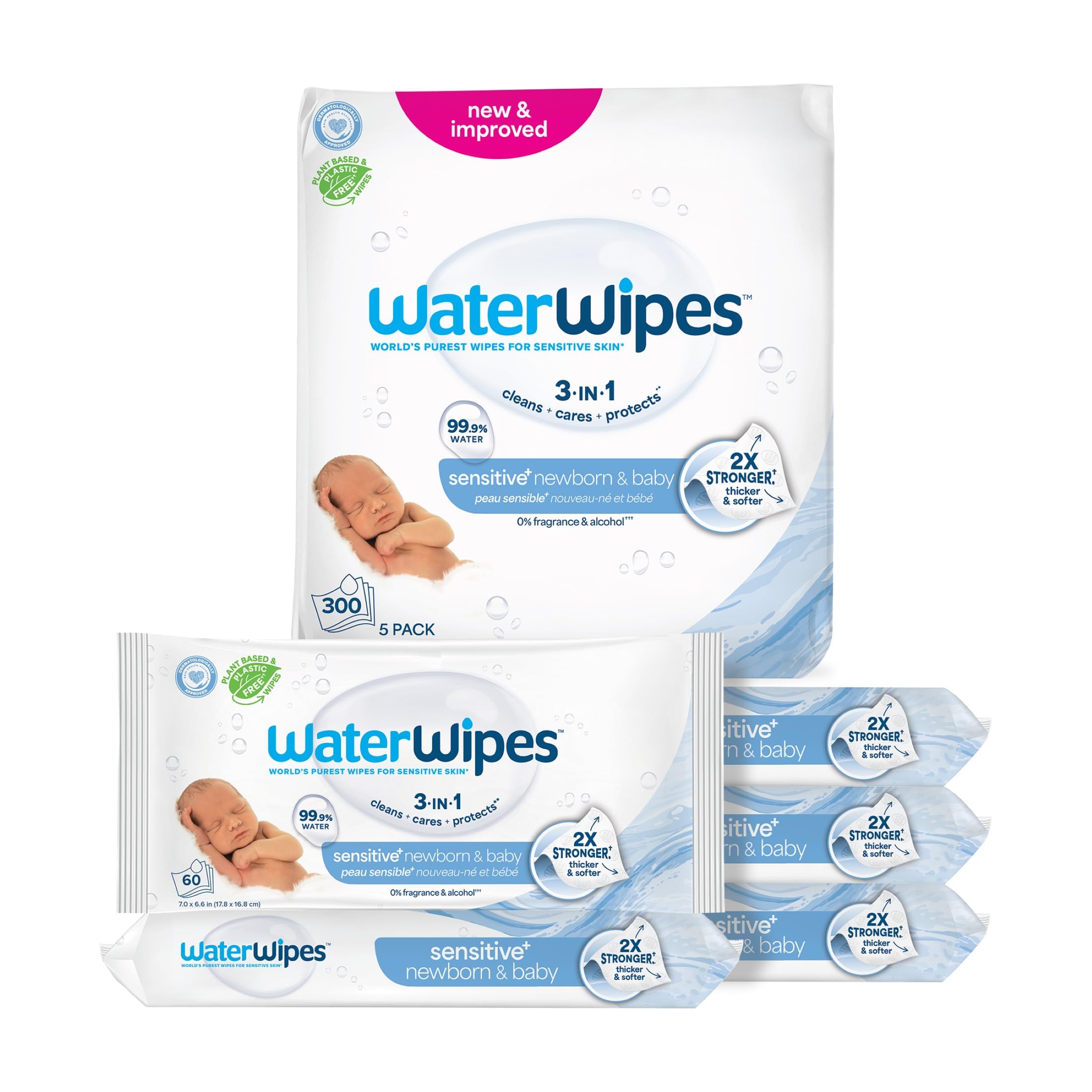 WaterWipes Sensitive+ Newborn & Baby Wipes, 3-In-1 Cleans, Cares, Protects, 99.9% Water, Unscented & Hypoallergenic, 300 Count (5 Packs) 🍁 All In One Marketplace Canada