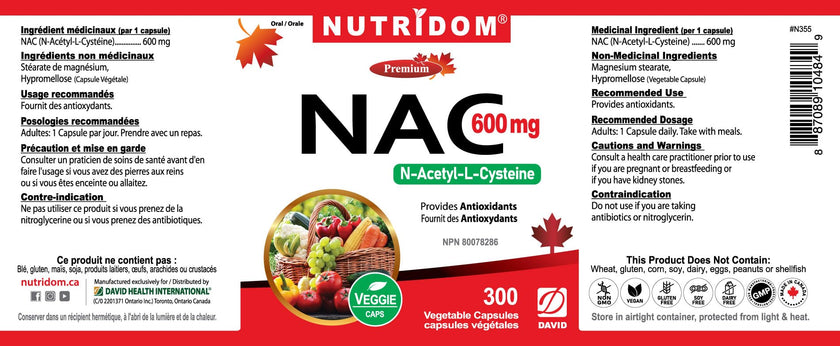 Nutridom NAC 600 mg, 300 Capsules, Canadian-Made N-Acetyl-L-Cysteine Supplement, Non-GMO, Vegan, Gluten Free, Made in Canada 🍁 All In One Marketplace Canada