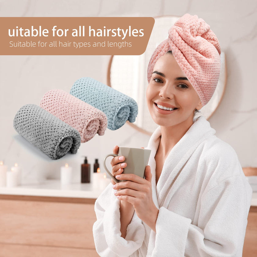 CZZXI 3 PCS Microfiber Hair Towel, Hair Wraps for Women Wet Hair, Fast Drying Hair Turban, Anti Frizz Head Towels Wrap for Curly Hair (Grey, Pink, Blue) 🍁 All In One Marketplace Canada