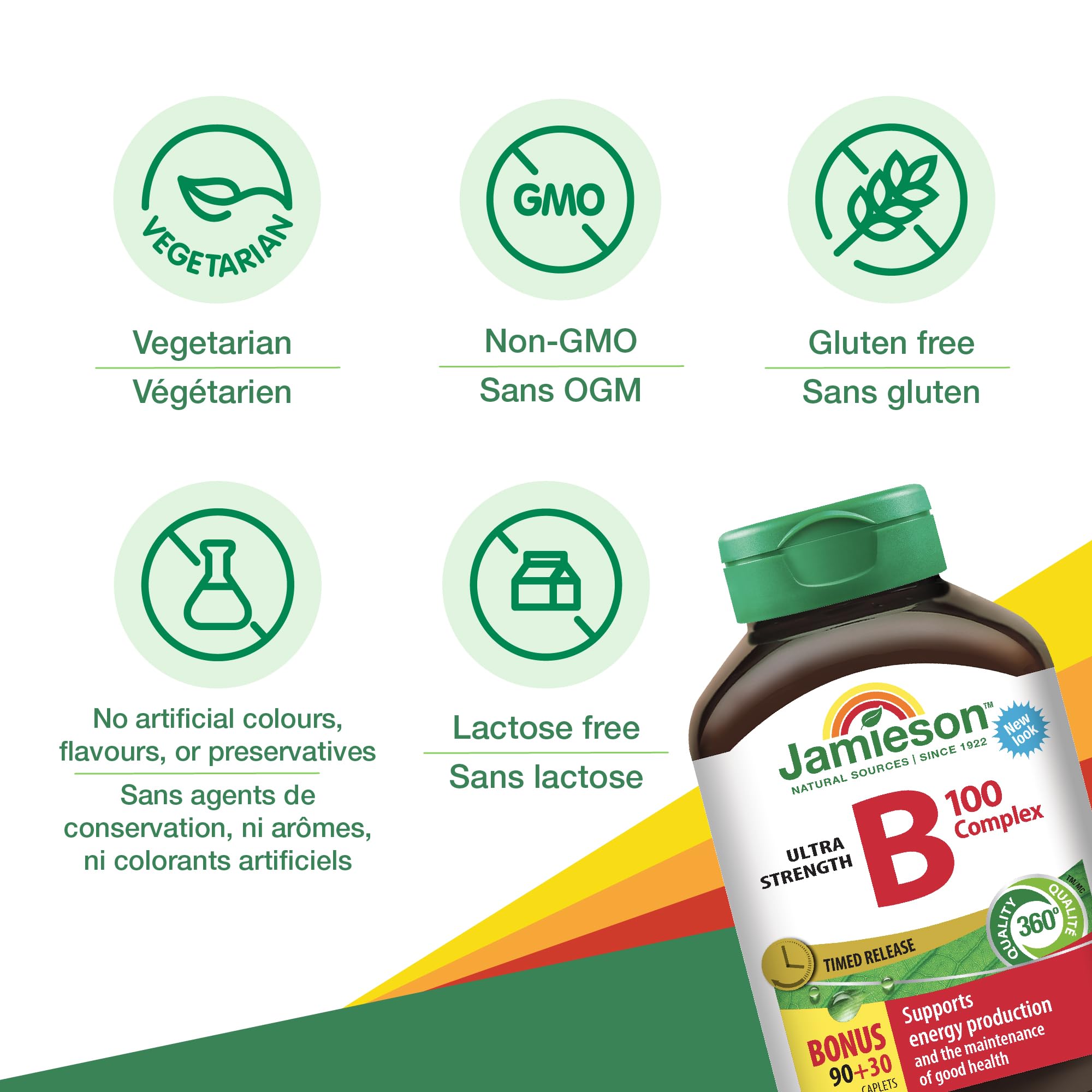 Jamieson Vitamin B100 Complex Caplets, Timed Released, Ultra Strength, Naturally Energizing, and Supports Metabolism. Vegetarian, Non-GMO, Gluten-Free, 120 Count, Proudly Canadian 🍁 All In One Marketplace Canada