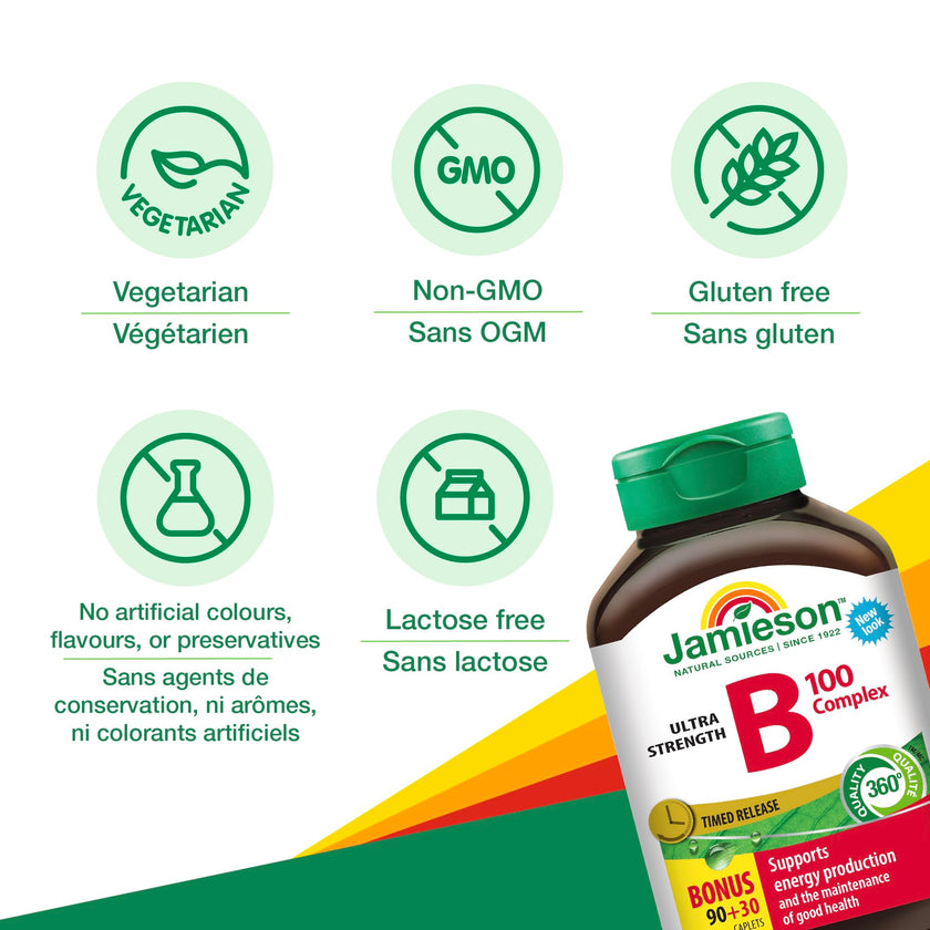 Jamieson Vitamin B100 Complex Caplets, Timed Released, Ultra Strength, Naturally Energizing, and Supports Metabolism. Vegetarian, Non-GMO, Gluten-Free, 120 Count, Proudly Canadian 🍁 All In One Marketplace Canada