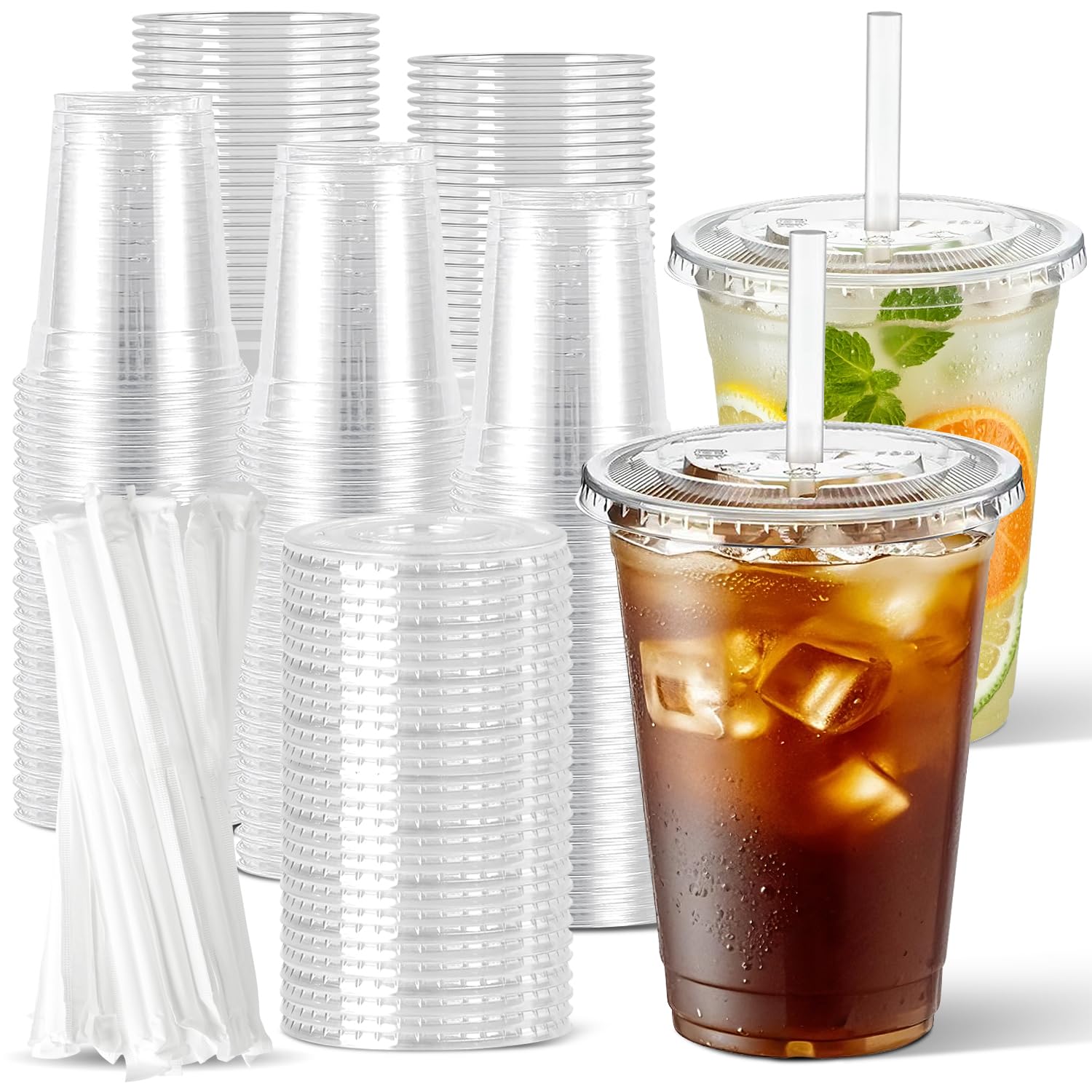 Joyeux 100 Pack 16 oz Clear Plastic Cups with Lids and Straws - Disposable Iced Coffee Cups for Matcha, Milkshakes, Smoothies and to go Drinks 🍁 All In One Marketplace Canada
