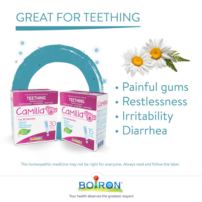 Boiron Camilia Baby Teething 60 unit-doses (twin pack). Camilia used for pain, restlessness, irritability and diarrhea due to teething. Benzocaine-Free and Preservative-Free,No Sugar, No Dye. 1 to 30 months 🍁 All In One Marketplace Canada