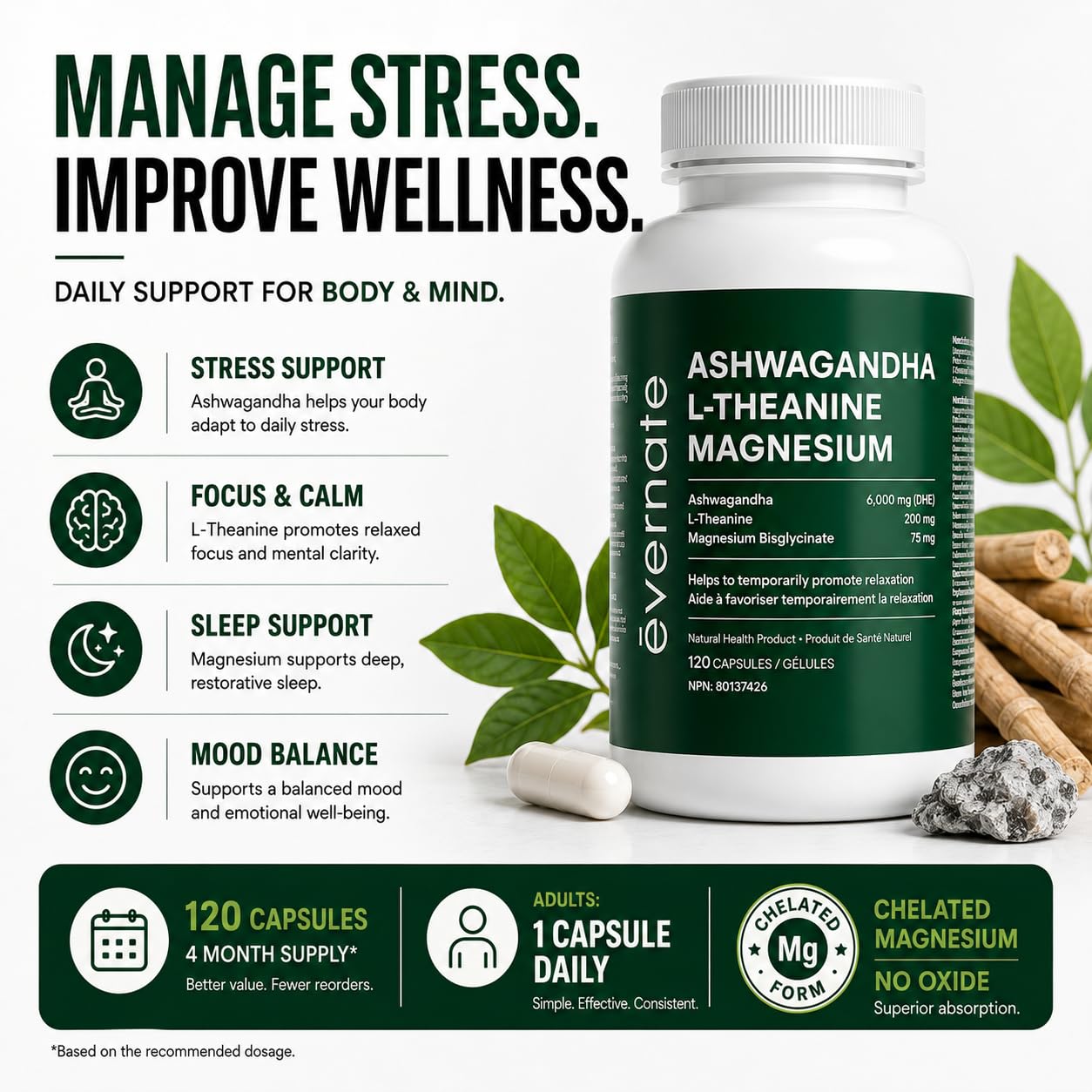 ALL-IN-ONE Ashwagandha 6000mg with L-Theanine 200mg & Magnesium Bisglycinate Chelated – Stress, Sleep, Mood, Calm & Relaxation Support – Non-GMO Vegan – 120 Capsules, 4 Month Supply – 1 Capsule Daily – Made in Canada 🍁 All In One Marketplace Canada