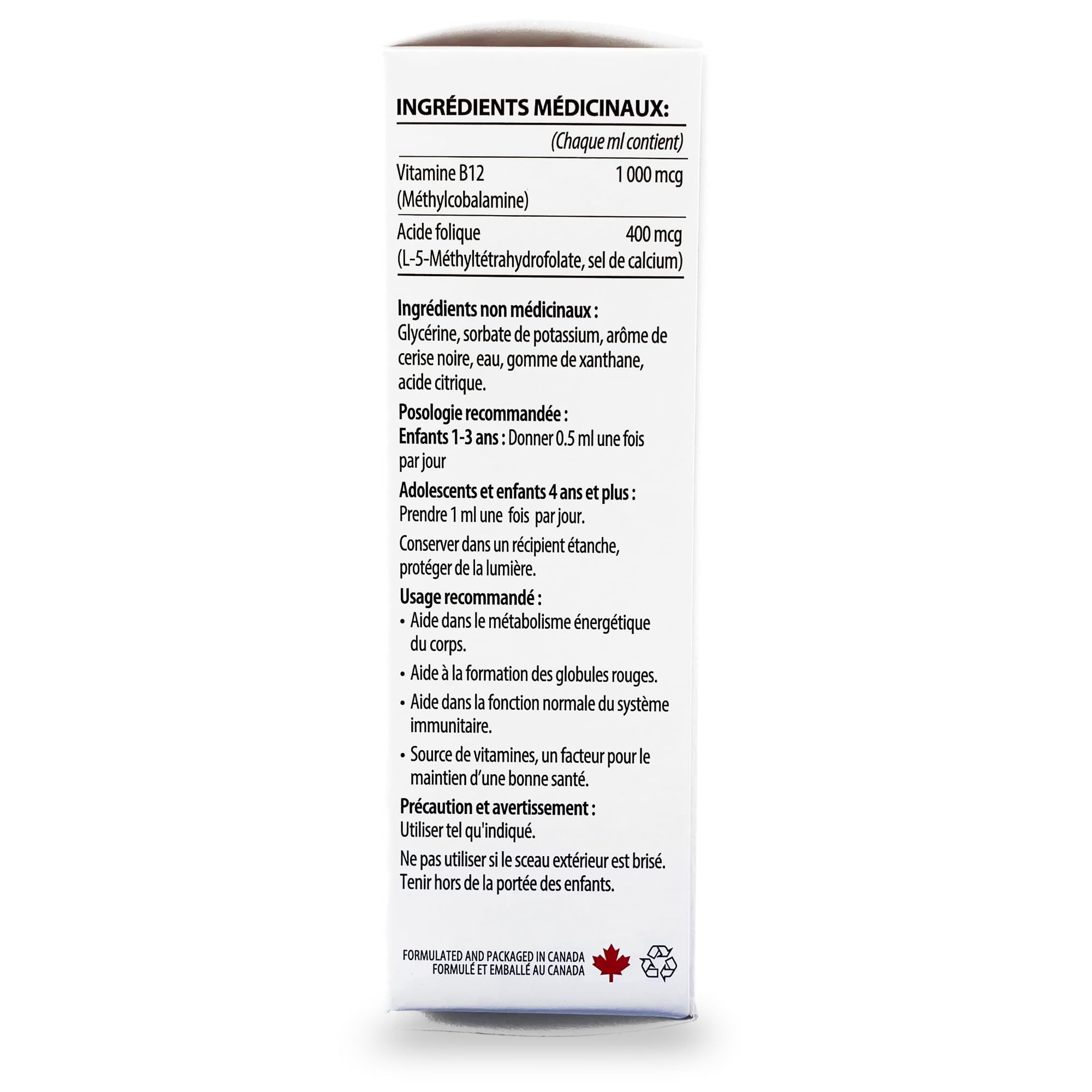 GNA Naturals Kids Vitamin B12 with Folate Supplement, 60ml - VitaminB12 Methylcobalamin 1000 mcg - Liquid Drops for Kids - Cherry Flavour- Methyl B12 Folate Supplement - Vitamin-B12-Complex – Vegan – For energy, metabolism and supports memory– Made in Can