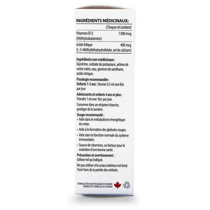GNA Naturals Kids Vitamin B12 with Folate Supplement, 60ml - VitaminB12 Methylcobalamin 1000 mcg - Liquid Drops for Kids - Cherry Flavour- Methyl B12 Folate Supplement - Vitamin-B12-Complex – Vegan – For energy, metabolism and supports memory– Made in Can