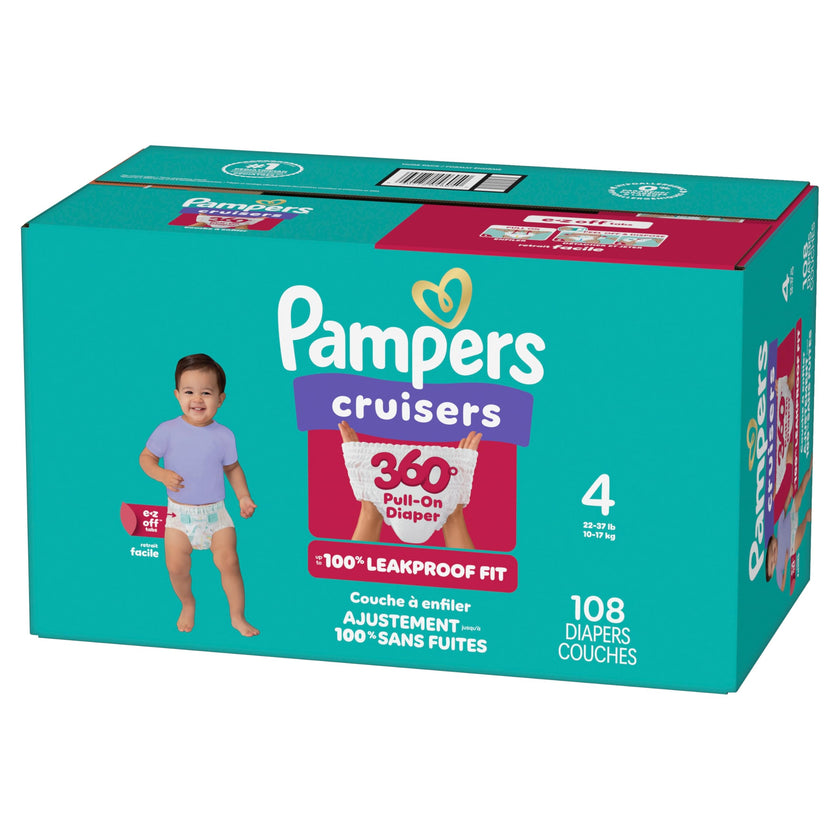 Pampers Diapers - Cruisers 360° - Size 4, up to 100% Leakproof Fit, Designed for Active Babies, Pull On Diaper, EZ Off Tabs Designed for Easy Changes, 1 Pack (Count of 108) 🍁 All In One Marketplace Canada