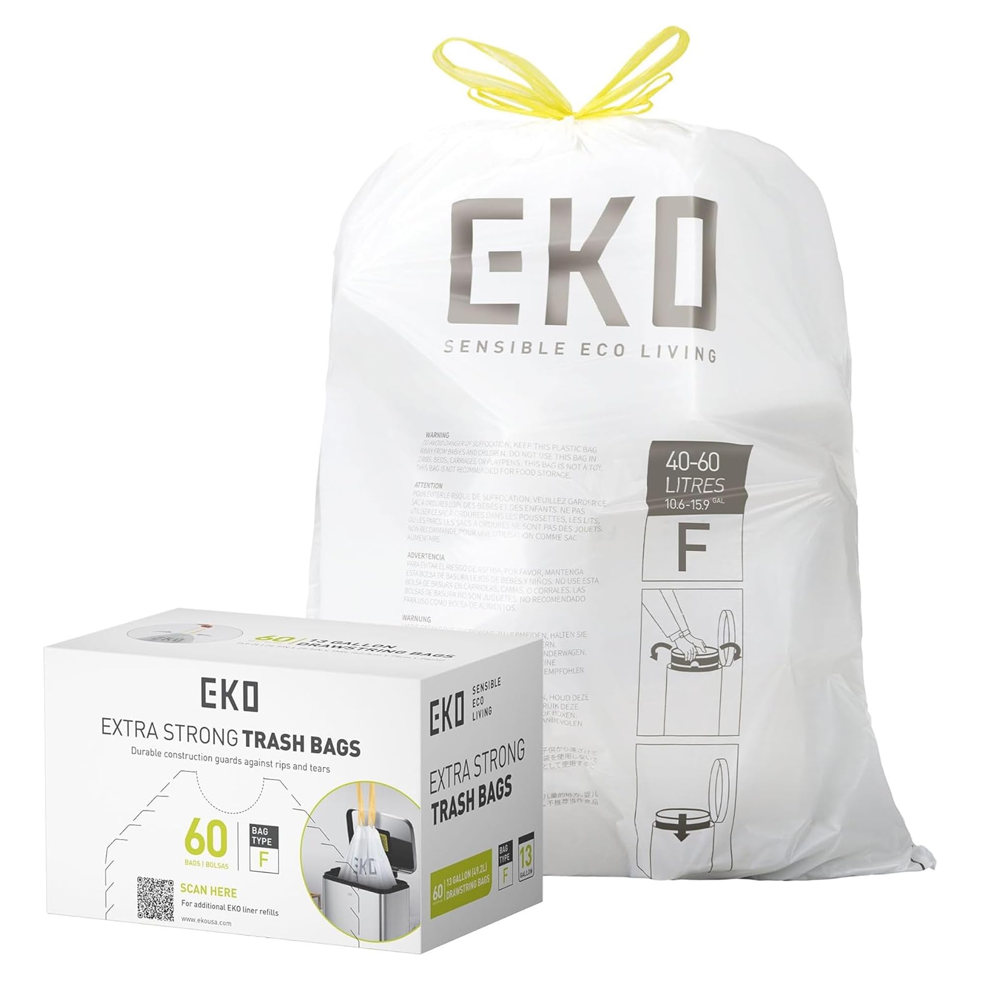 EKO 13 Gallon / 40-60 Liter Drawstring Trash Bags, Extra-Strong Unscented Garbage Bags, 60 Count Easy-Dispense Roll for Kitchen & Household Use, Leak-Resistant, Code F, White 🍁 All In One Marketplace Canada
