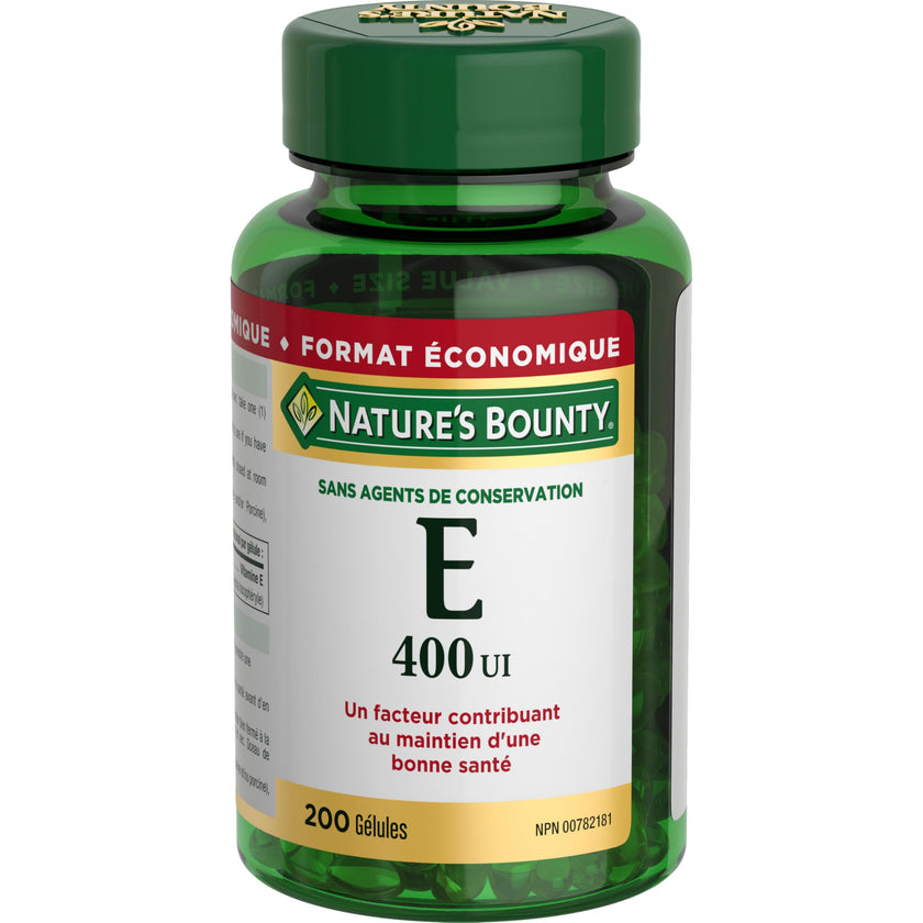 NATURE'S BOUNTY Vitamin E, 400 IU, Antioxidant, Preservative Free, 200 Softgels, 134 g 🍁 All In One Marketplace Canada