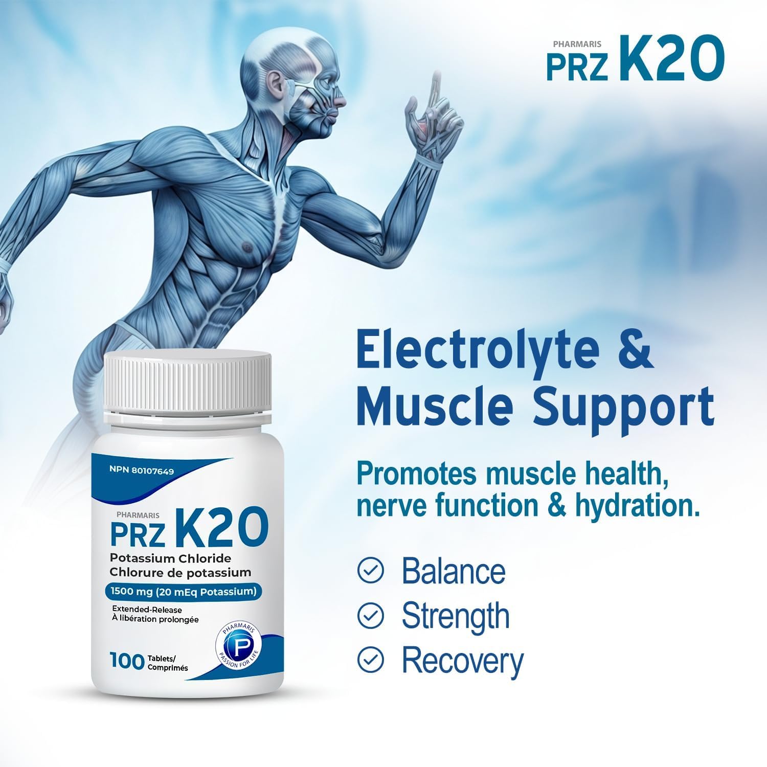 Pharmaris K-20 Potassium Chloride 1500mg Extended Release Tablets, Provides 20 mEq Potassium, Electrolyte Replenisher for Hypokalemia Treatment, Daily Use Supplement, 100 Tablets 🍁 All In One Marketplace Canada