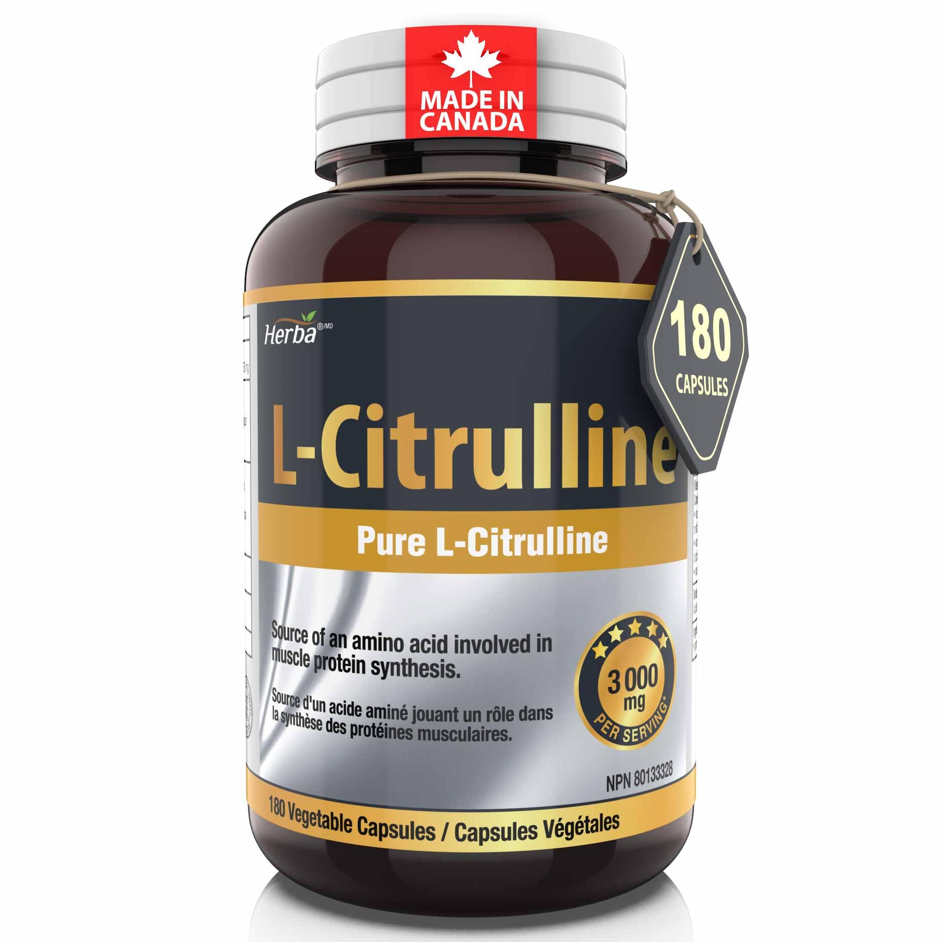 Herba L-Citrulline Capsules 750mg – 180 Capsules | 3,000mg Per Serving | Ultra Pure >98% | L Citrulline Nitric Oxide Supplement | Made & 3rd Party Tested in Canada 🍁 All In One Marketplace Canada