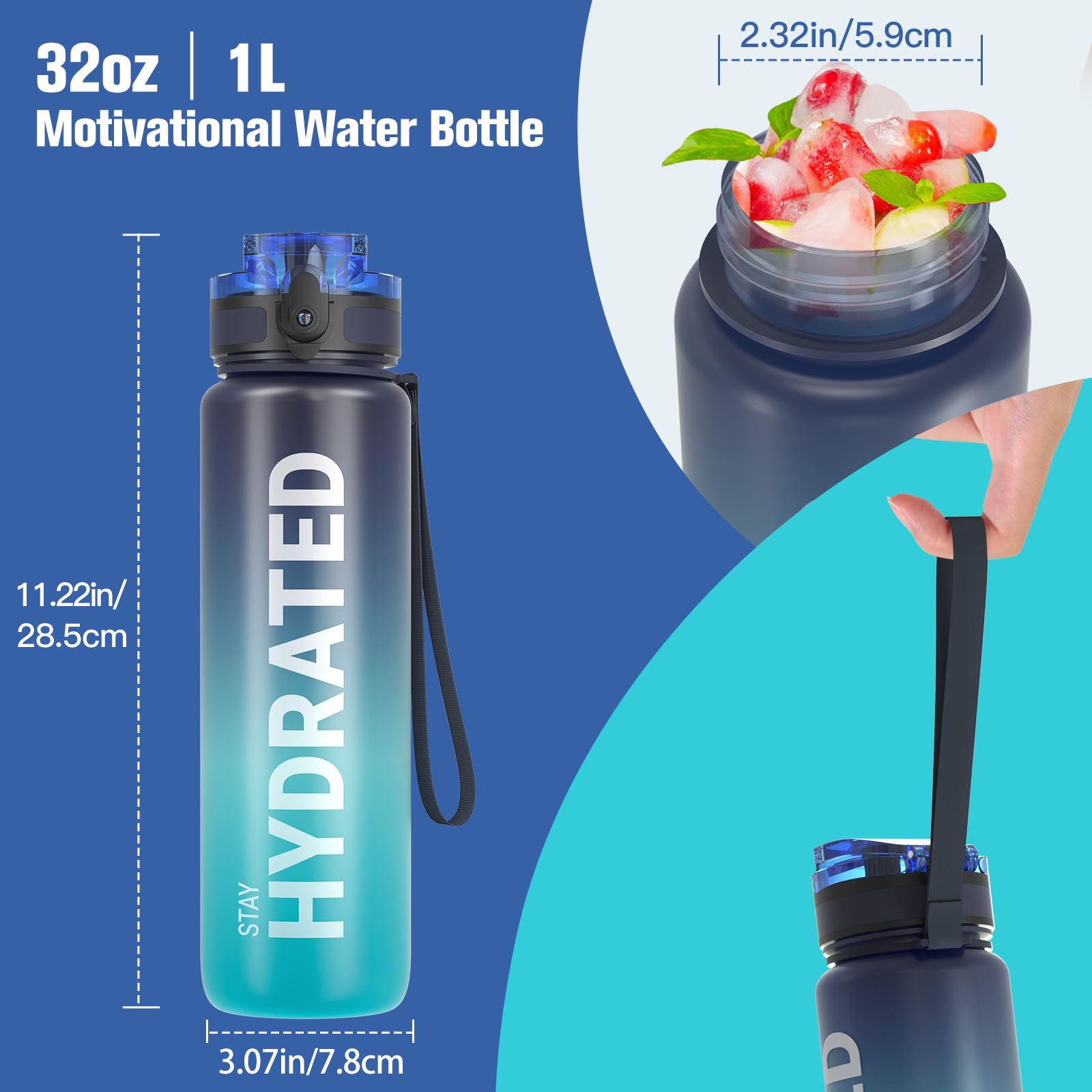 Sahara Sailor Water Bottle, 32oz Motivational Sports Water Bottle with Time Marker - Times to Drink - Tritan, BPA Free, Wide Mouth Leakproof, Fast Flow Technology with Clean Brush (1 Bottle) 🍁 All In One Marketplace Canada
