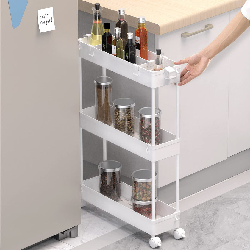 SPACELEAD Slim Storage Cart,3 Tier Bathroom Rolling Utility Cart Storage Organizer Slide Out Cart, Mobile Shelving Unit Organizer Trolley for Office Bathroom Kitchen Laundry Room Narrow Places, White 🍁 All In One Marketplace Canada