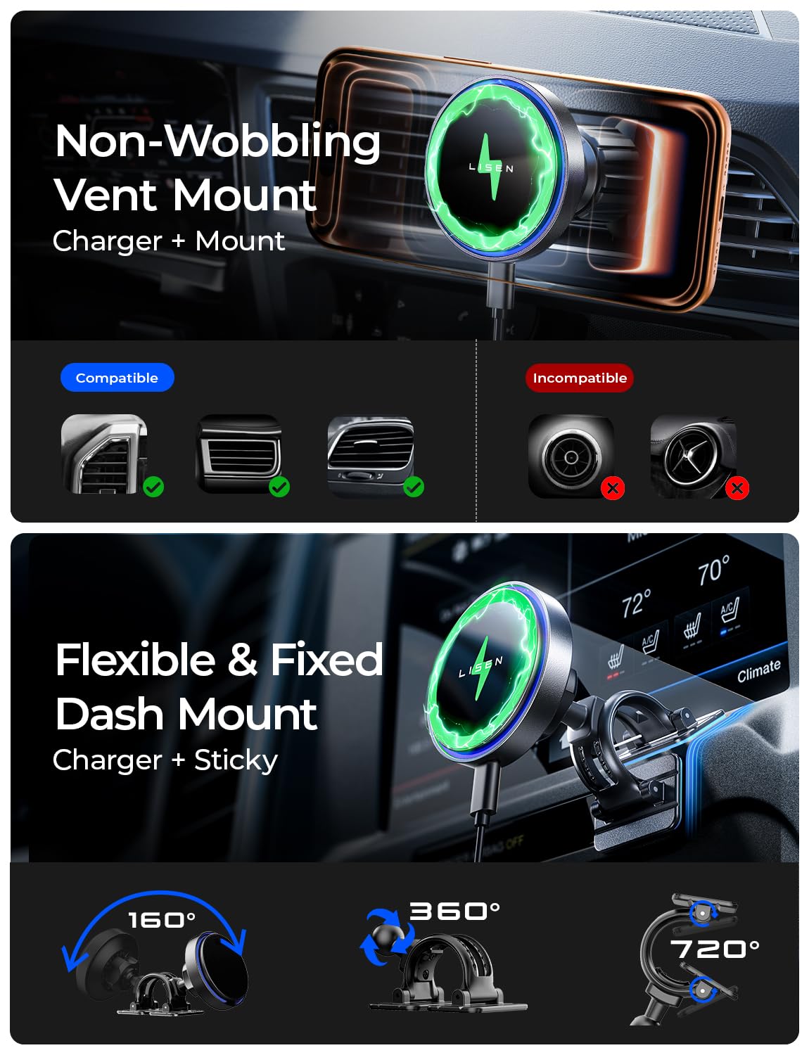 LISEN 15W for MagSafe Car Mount Charger【24 Strongest Magnets】 Phone Holder Car Magnetic Wireless Charger【360°】 Vent & Dashboard MagSafe Car Accessories for Mom for iPhone 17 Pro 16 15 14 13 🍁 All In One Marketplace Canada