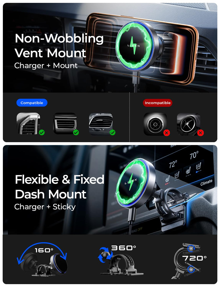 LISEN 15W for MagSafe Car Mount Charger【24 Strongest Magnets】 Phone Holder Car Magnetic Wireless Charger【360°】 Vent & Dashboard MagSafe Car Accessories for Mom for iPhone 17 Pro 16 15 14 13 🍁 All In One Marketplace Canada