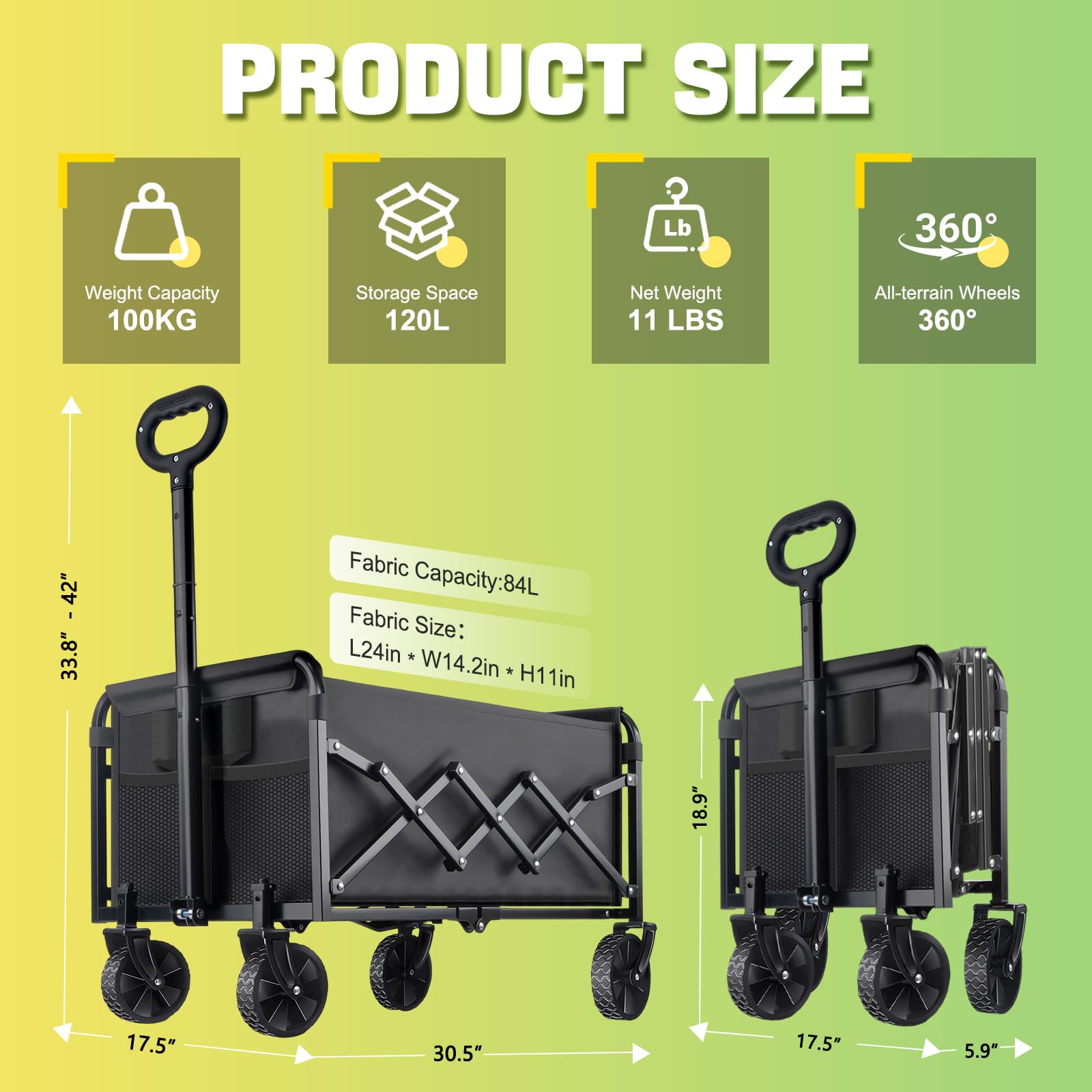 100KG Collapsible Foldable Wagon Carts - Heavy Duty Portable Folding Utility Wagons with All-Terrain Wheels for Grocery Sports Shopping Camping Garden Beach, 2 Drink Holders/Lightweight/Black 🍁 All In One Marketplace Canada