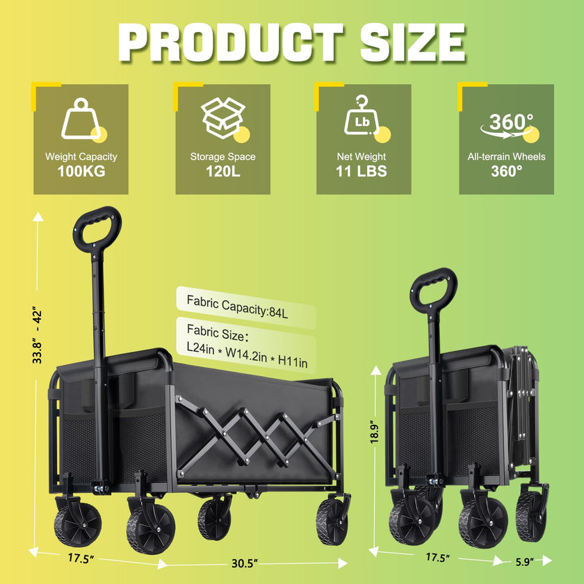 100KG Collapsible Foldable Wagon Carts - Heavy Duty Portable Folding Utility Wagons with All-Terrain Wheels for Grocery Sports Shopping Camping Garden Beach, 2 Drink Holders/Lightweight/Black 🍁 All In One Marketplace Canada