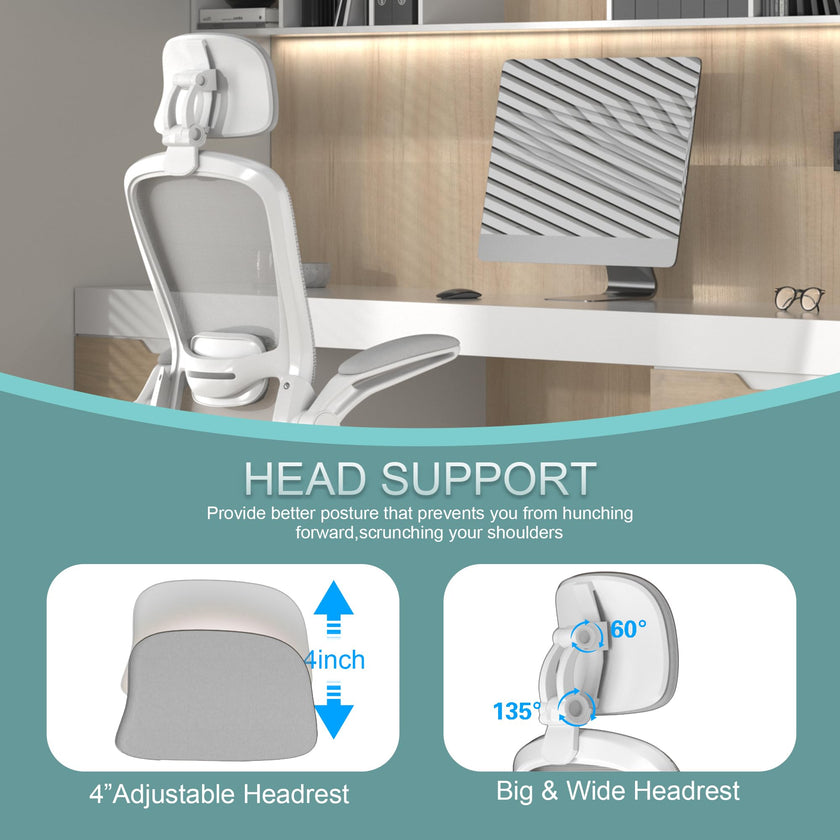 Mimoglad Office Chair, Comfy Desk Chair - High Back Ergonomic Computer Chair with Adjustable Lumbar Support & Headrest, Flip-up Armrests for Guitar Playing (Moon Grey) 🍁 All In One Marketplace Canada