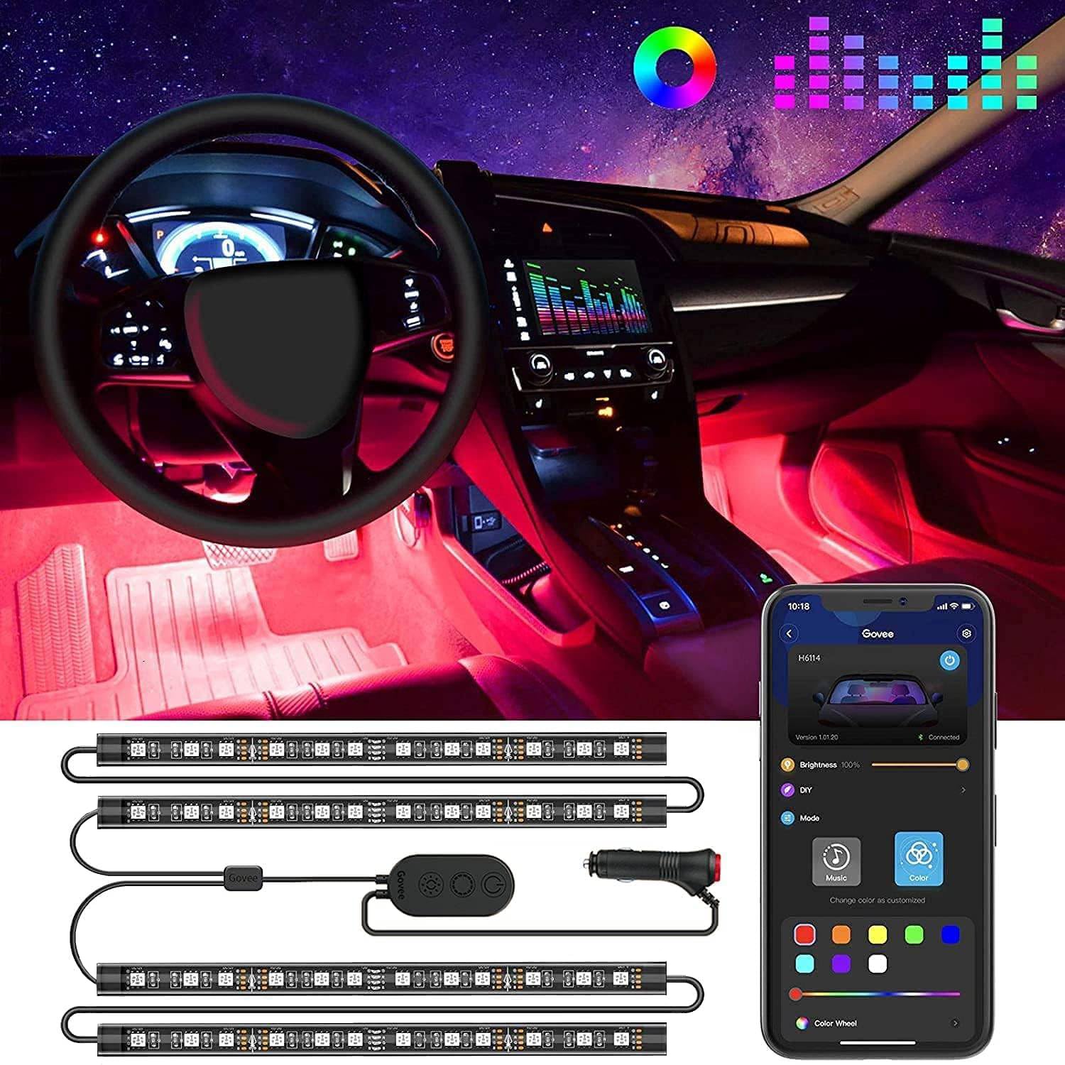 Govee Interior Lights for Car, App Control Smart Car Lights with DIY Mode and Music Mode, Waterproof LED Interior Lights with 2 Lines Design, RGB Under Dash Car LED Lights with Car Charger, DC 12V 🍁 All In One Marketplace Canada