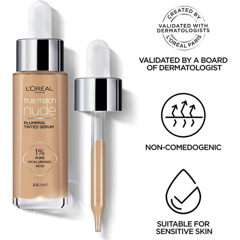 L’Oréal Paris True Match Nude Hyaluronic Foundation, Tinted Face Serum Foundation with Hyaluronic Acid for Lightweight Coverage and Instant Hydration, Radiant Finish - Light, 30 mL 🍁 All In One Marketplace Canada