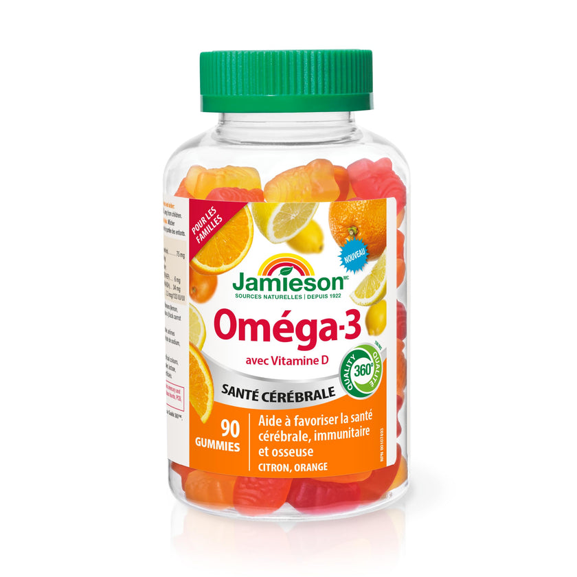 Jamieson Omega-3 Gummy with Vitamin D3, 90 Gummies, Orange and Lemon Flavours, Family Friendly (3+). Supports Brain Health and Immune Health, Non-GMO No Artificial Colours, Flavours, or Preservatives 🍁 All In One Marketplace Canada