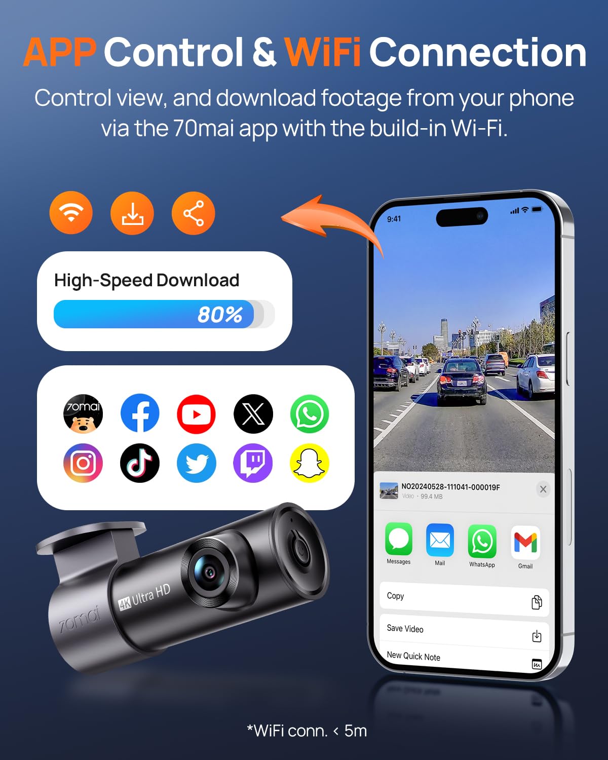 70mai 4K Front Dash Cam Built in WiFi, Smart Dash Camera for Cars, WDR, Night Vision, iOS/Android Mobile App, WDR, Night Vision, Loop Recording, Parking Monitor, Time-Lapse (M310 Plus 4K) (2160P) 🍁 All In One Marketplace Canada