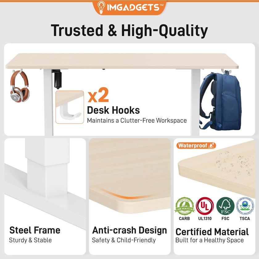 IMGadgets Electric Standing Desk, 47x24 Inches Height Adjustable, 2026 6th Gen Quiet Motor Ergonomic Sit Stand Desk, Computer Desk for Home Office, Height Memory Buttons, Display, 2 Headphone Holders 🍁 All In One Marketplace Canada