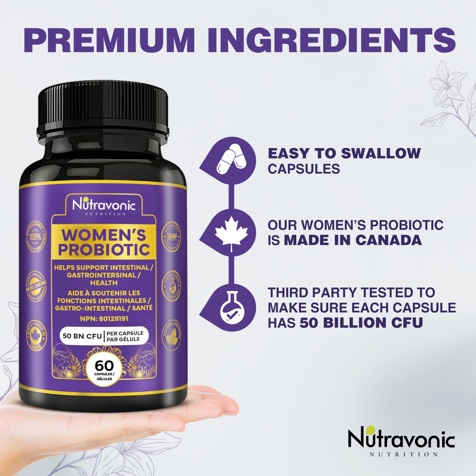 Probiotics for Women - 50 Billion CFUs Per Delayed Release Capsule. 15 Diverse Strains, including strains Limosilactobacillus Reuteri (lactobacillus reuteri) & lactobacillus gasseri. Support Gut Health, Bloating Relief & Digestion - 2 Month Supply. Nutrav