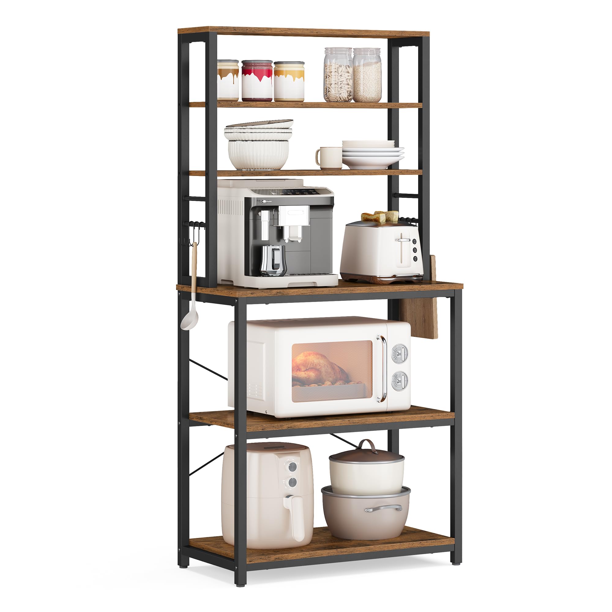 VASAGLE Coffee Bar, Baker’s Rack for Kitchen with Storage, 6-Tier Kitchen Shelves with 6 Hooks, Microwave Stand, Industrial, 15.7 x 23.6 x 65.7 Inches, Rustic Brown and Black UKKS024B01 🍁 All In One Marketplace Canada
