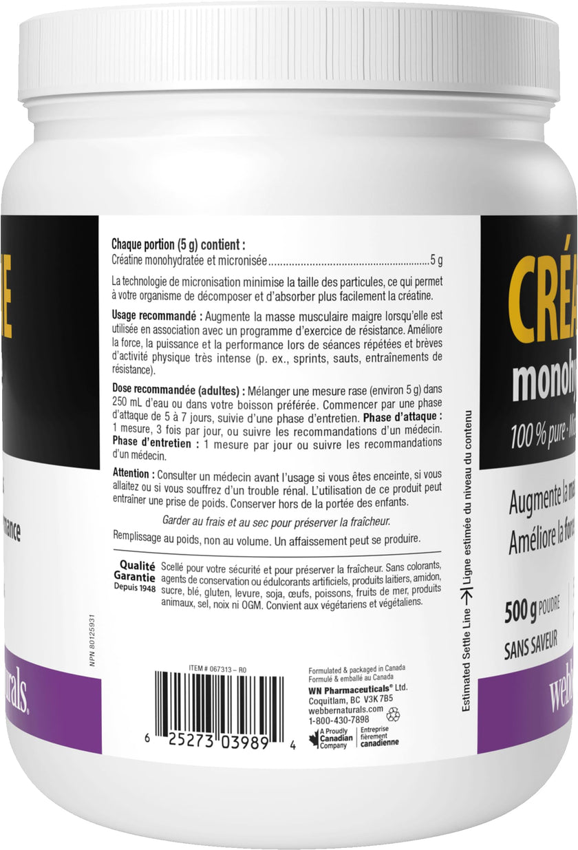 Webber Naturals Micronized Creatine Monohydrate Powder | 5g Per Serving | 100 Servings | Canadian-Made | Vegan | Supports Muscle, Strength & Performance | Unflavored | For Men & Women 🍁 All In One Marketplace Canada