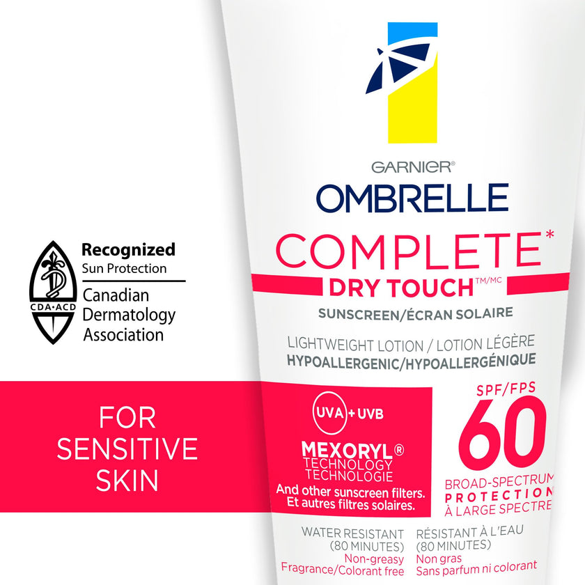 Garnier Ombrelle Complete Dry Touch Sunscreen Lotion, SPF 60, Travel Sunscreen, For Face & Body, For Sensitive Skin, Water-Resistant, Non-Sticky, Very High Broad Spectrum UVA/UVB Protection, 90ml 🍁 All In One Marketplace Canada
