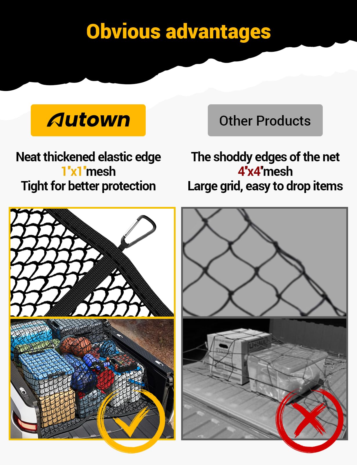 AUTOWN Cargo Net for Pickup Truck Bed - Stretchable 4'x4' to 7'x7', High Elastic Fine Mesh 1''x1'' with 8 Metal Carabiners - Ideal for ATV, SUV, UTV, Truck and Boat Use (Single Layer) 🍁 All In One Marketplace Canada