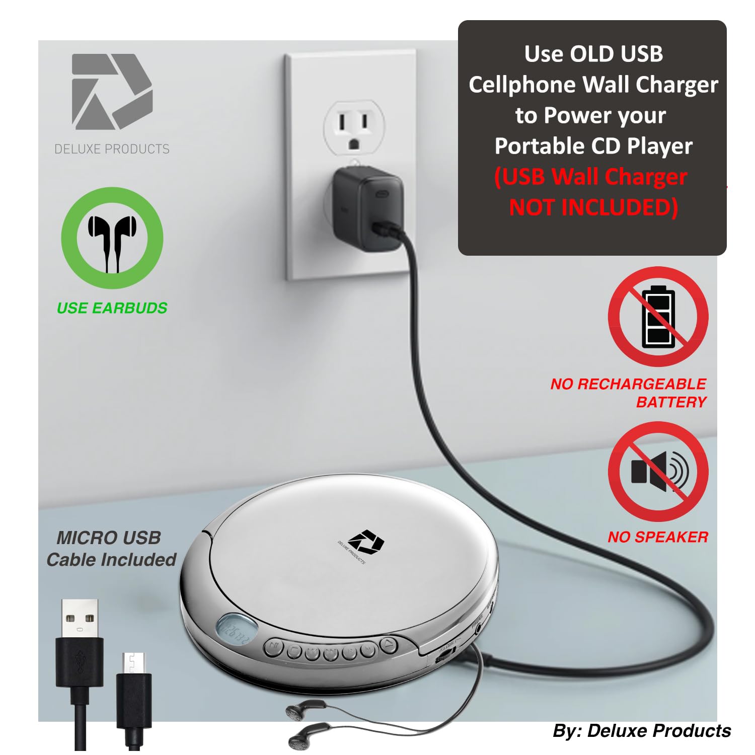 Deluxe Products CD Player Portable with 60 Second Anti Skip, Stereo Earbuds, Includes Aux in Cable and AC USB Power Cable for use at Home or in Car. Silver 🍁 All In One Marketplace Canada