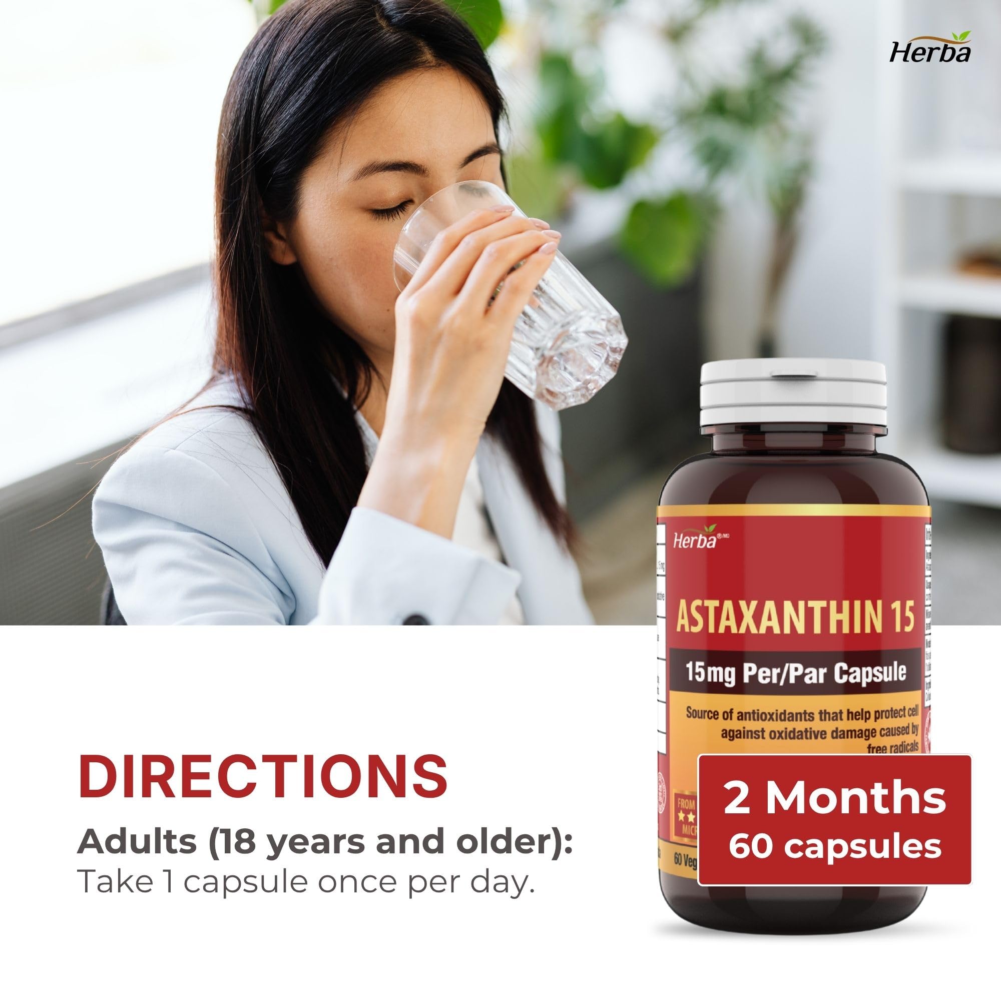 Herba Astaxanthin Supplement 15mg – 60 Vegan Capsules | Made with Non-GMO Micro-algae | Source of Antioxidant | Made and Third Party Tested in Canada 🍁 All In One Marketplace Canada